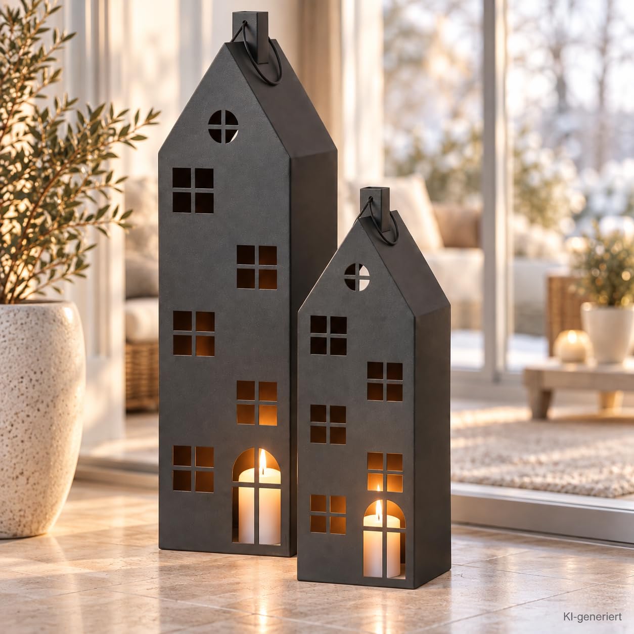 2er Set Laterne XXL Metall Bodenlaterne Windlicht groß Schwarz 66/96 cm