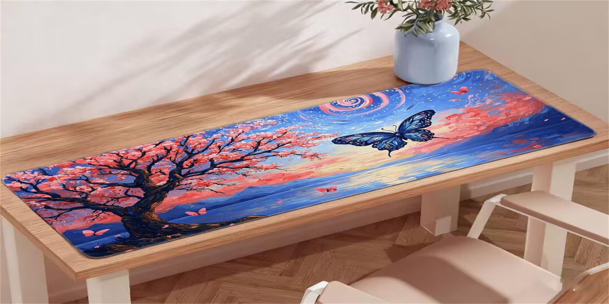Podkładka pod mysz, podkładka na biurko do gier XXL 1400x600, kwiaty wiśni motyl podkładka pod mysz podkładka na biurko, przeszyte krawędzie antypoślizgowa gumowa podstawa, akcesoria do biura domowego