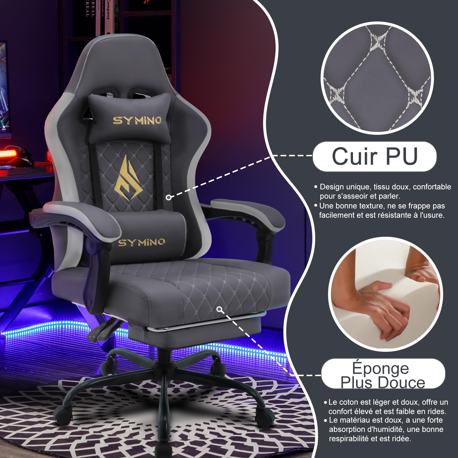 Symino Silla Gaming Ergonómica con Asiento de Espuma Alta Densidad – 150 kg, Reclinable con Soporte Lumbar, Reposabrazos Ergonómicos, Giratoria 360° para Oficina y Escritorio