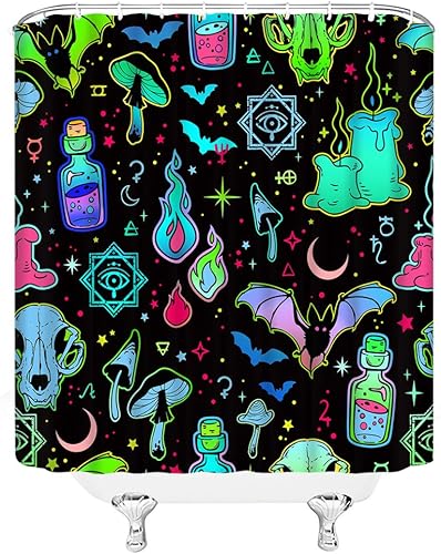 Miniatura 3 de GCTNBJL Cortina de ducha de Halloween, espeluznante alquimia bruja, tablero de ouija, murciélago, cráneo, hongo gótico, luna, estrella, bohemio,