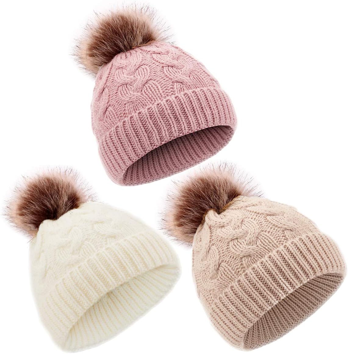 DANMY Baby Beanie Hat, Infant Newborn Toddler Winter Warm Knit Cap for Little Boys Girls, Winter Warm Hat (0-24 Months, D-white/beige/pink-3PCS)