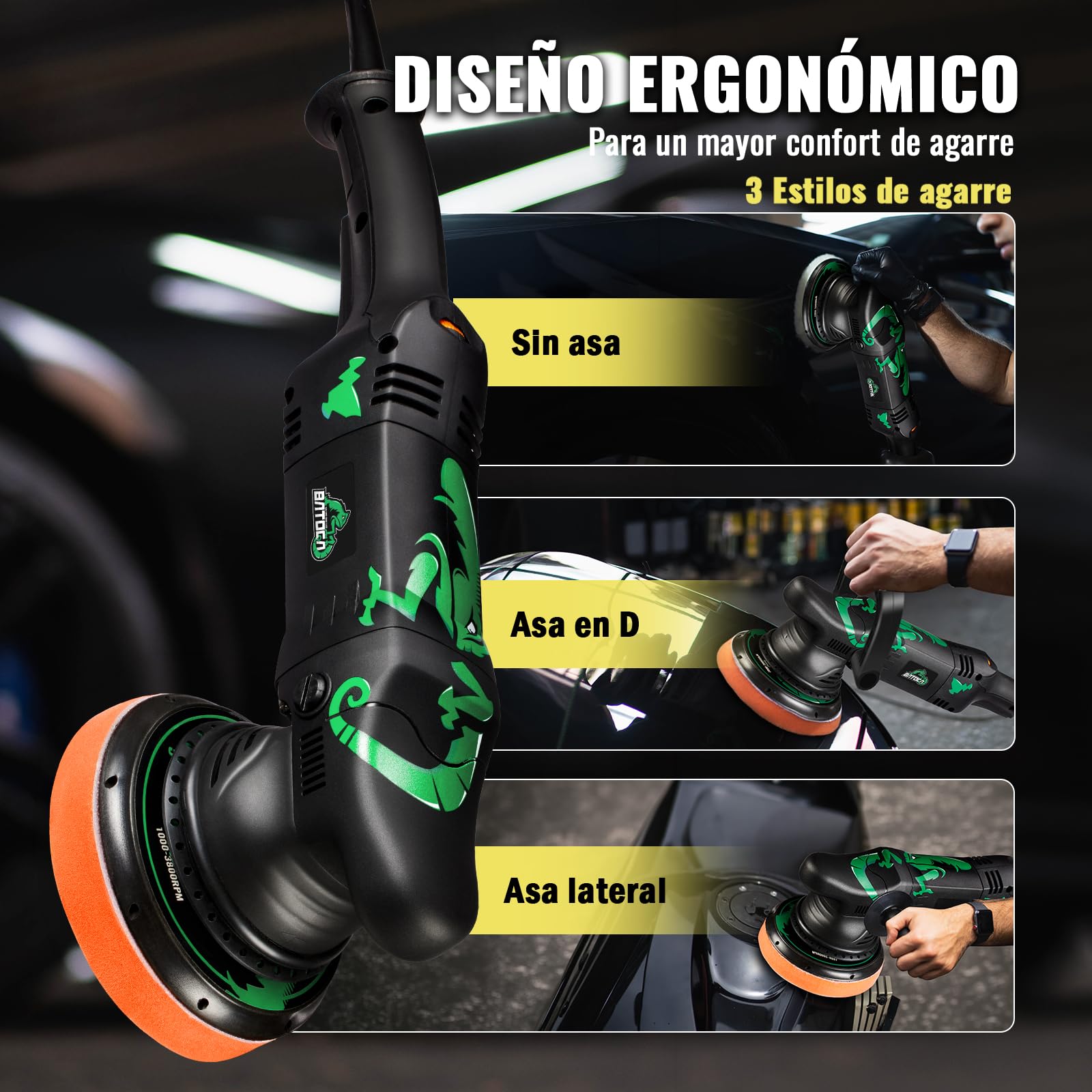BATOCA T1 Pulidora Orbital 15mm,1100W Máquinas pulidoras,Excéntrico Pulidor de Coches,Pulir,Lijadora,Enceradora,125mm/150mm Kit de Pulido,2500-5500RPM,Cuidado Pintura,Encerar Automóviles Mueble
