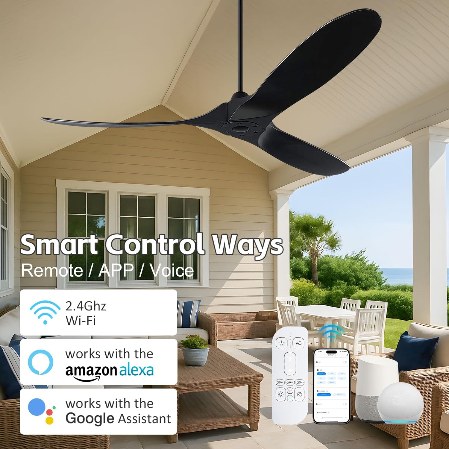 70 inch Outdoor Ceiling Fan for Patios, Black Smart High CFM Ceiling Fans Without Lights, 3 Blades Large Wooden Ceiling Fan No Light for Commercial Indoor Exterior Porch with Alexa/Remote/App Control