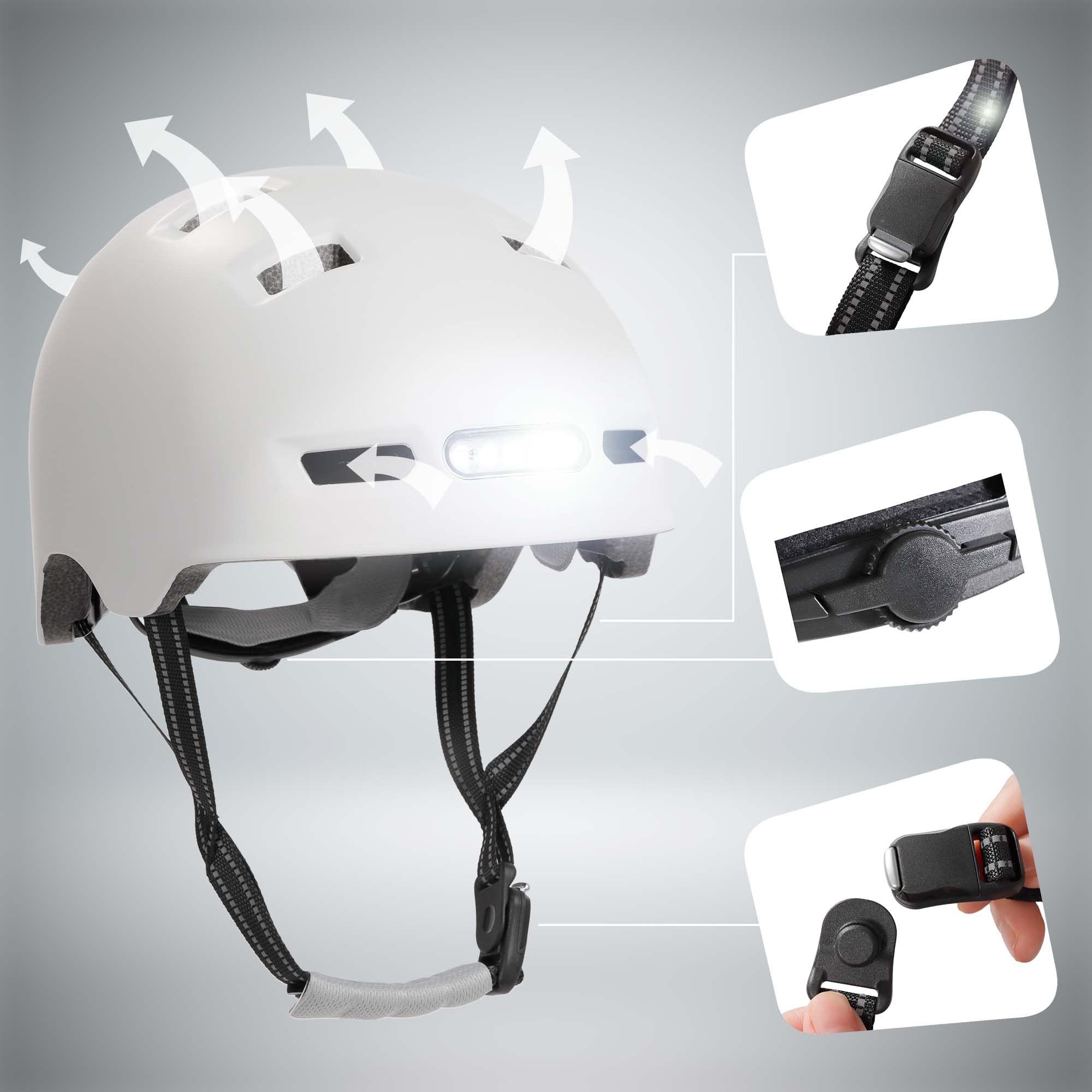 Crazy Safety Vertigo Casque De Vélo Blanc Mat Lumière Avant Et Arrière USB | Casque pour Trottinette, Skateboard, Rollers et Vélo BMX, Casque de Vélo de Ville pour Hommes et Femmes | M 54-57cm