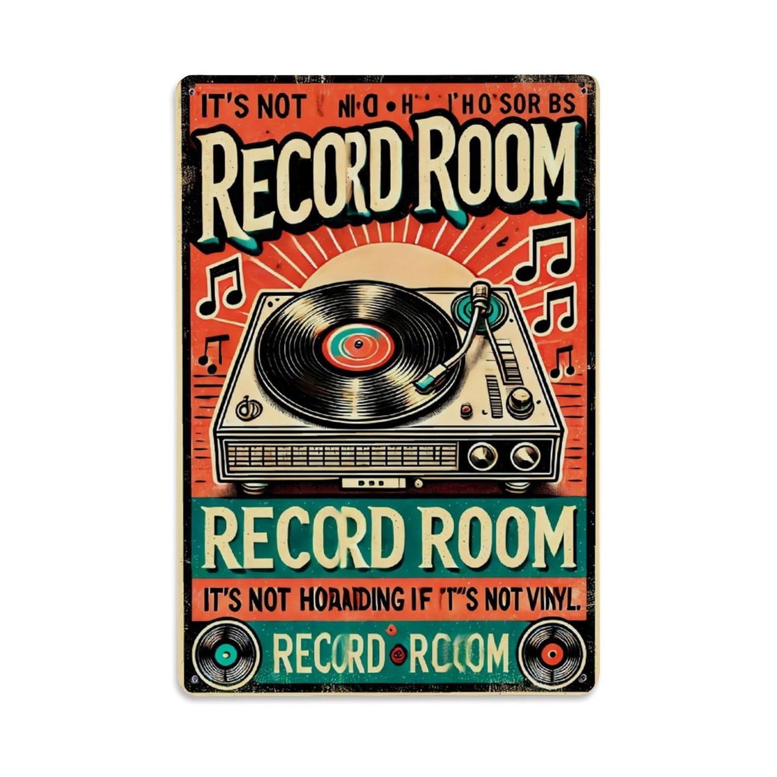 Vintage Record Player Music Notes Retro Metal Tin Sign, Vintage Metal Poster for home, Gaming Room, Studio Workshop,Bar,Garage Wall Art Decor 8x12 Inch