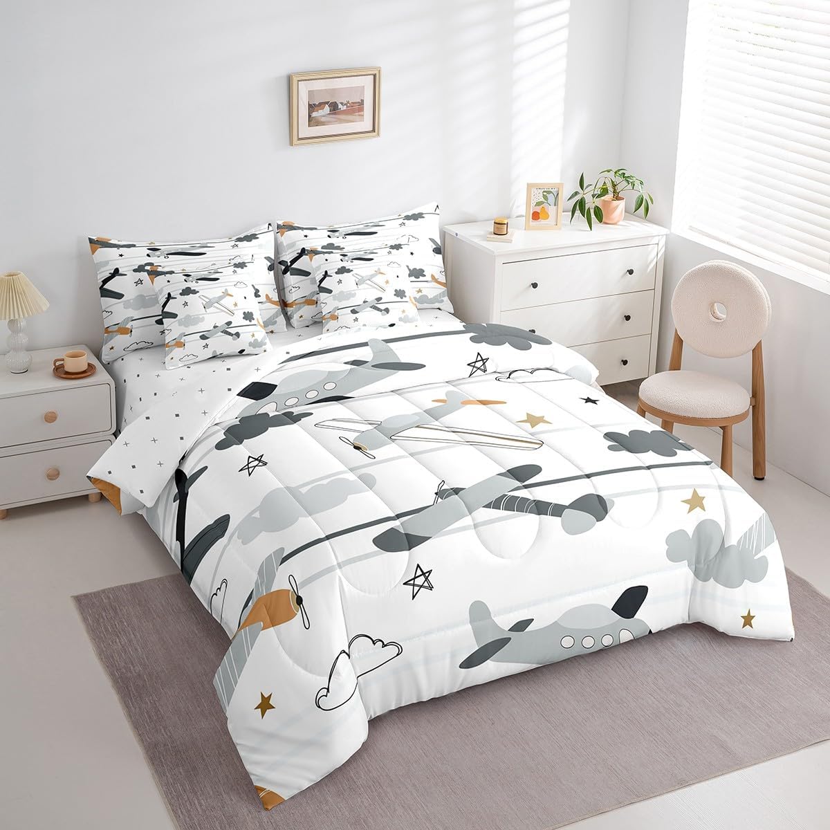 Erosebridal Scandinavian Style 7Pcs Comforter Set Queen, Hand Drawn Aircraft Bedding for Child Boy, Cartoon Clouds Funny Airplanes Bed in A Bag Sheet Set, Grey Yellow Room Decor Duvet Insert
