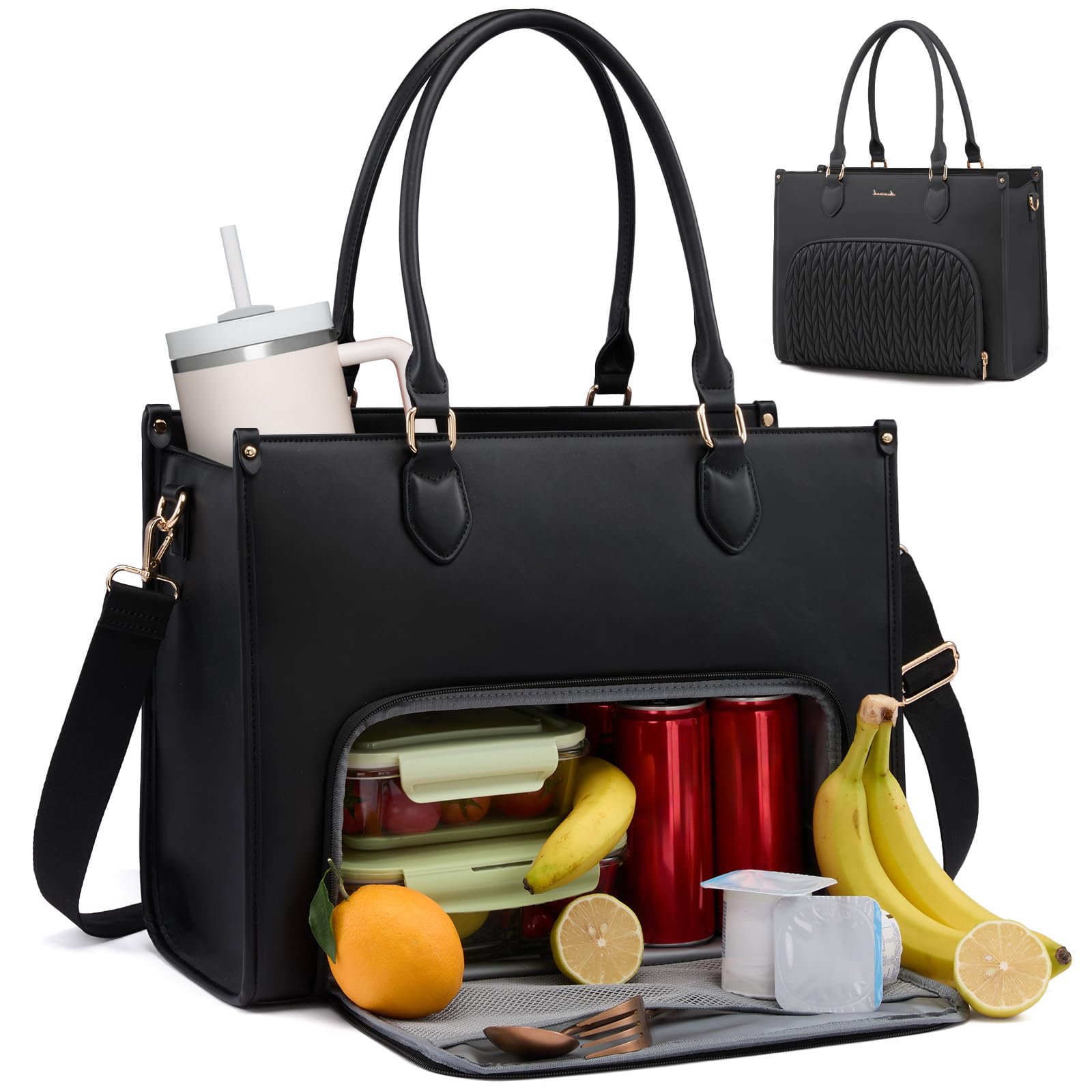 LOVEVOOK Borsa da lavoro da donna con scomparto frigo isolato, borsa media, 15,6 pollici, in pelle, grande borsa per insegnanti, borsa per il pranzo, per scuola, università, ufficio, business