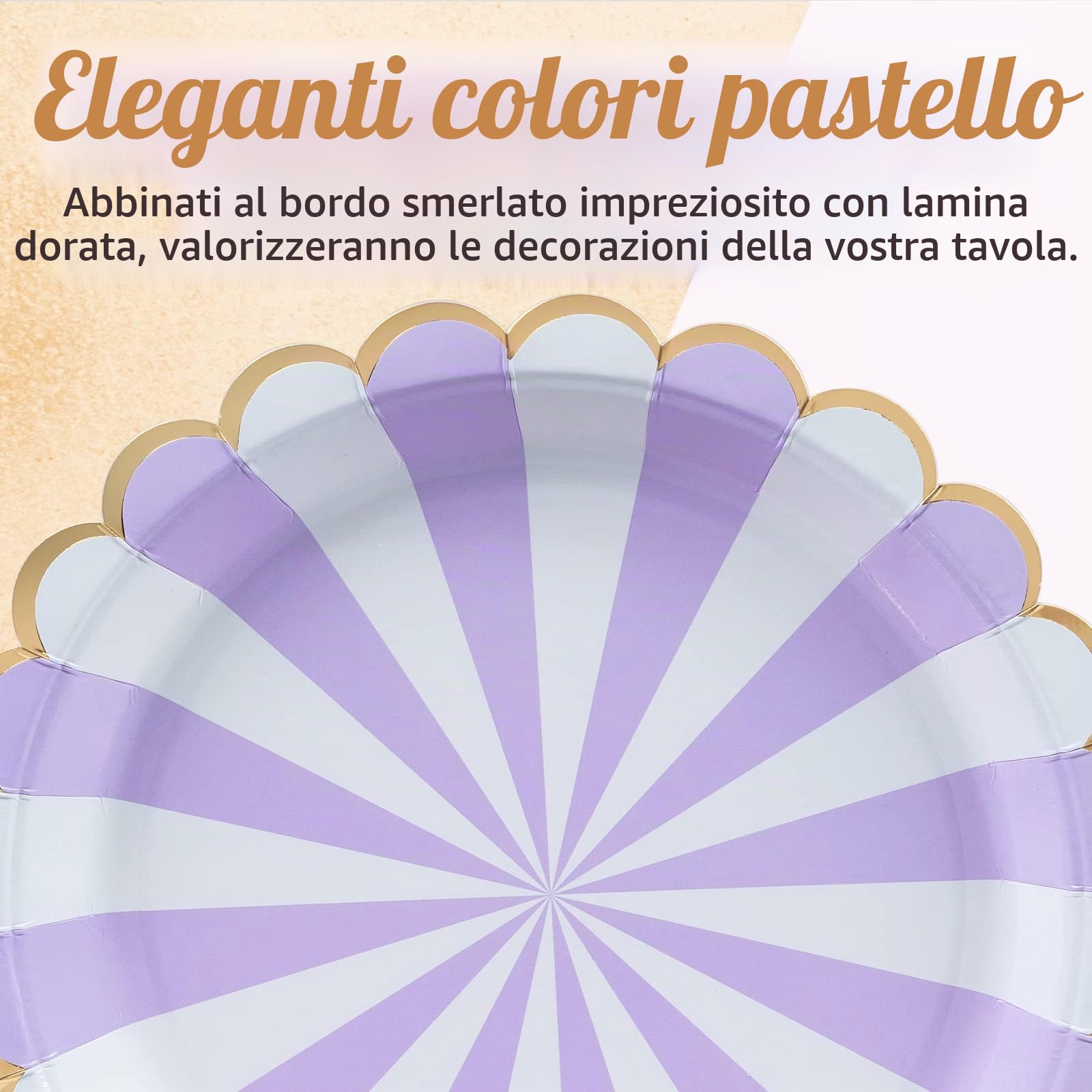 Confettiville Piatti di Carta Artistici, Confezione da 50, Piatti di Carta Usa e Getta, Bordo Scallopato in Foglia d'Oro, Pastello a Strisce, 6 Colori, 23 cm