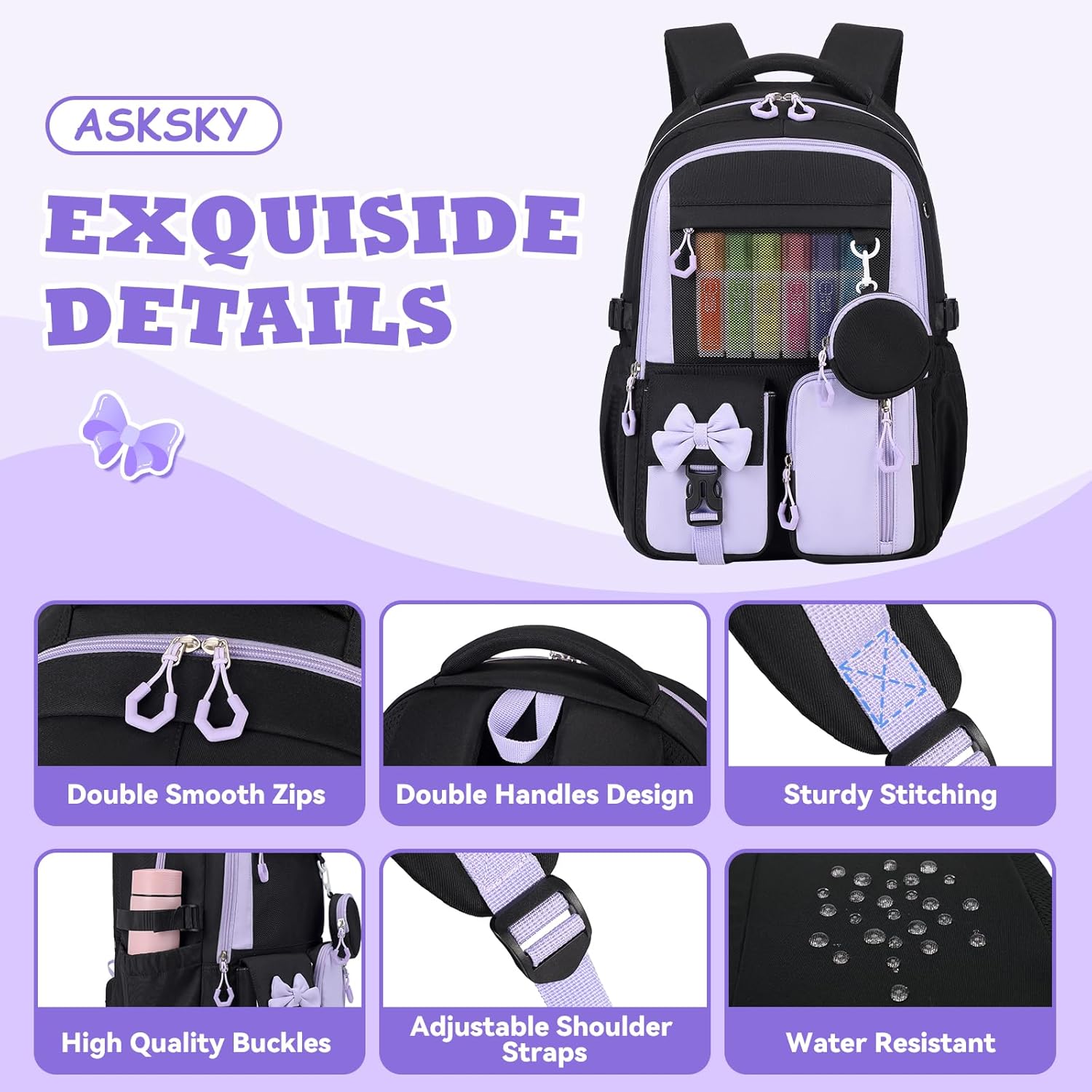 Backpack for School, Kids Backpacks for Girls, Girls Cute Bookbag for Teens, Schoolbag for Elementary Middle School Students, Girl Backpacks Ages 6-8, With Coin Purse, Travel, Camp,Black Purple