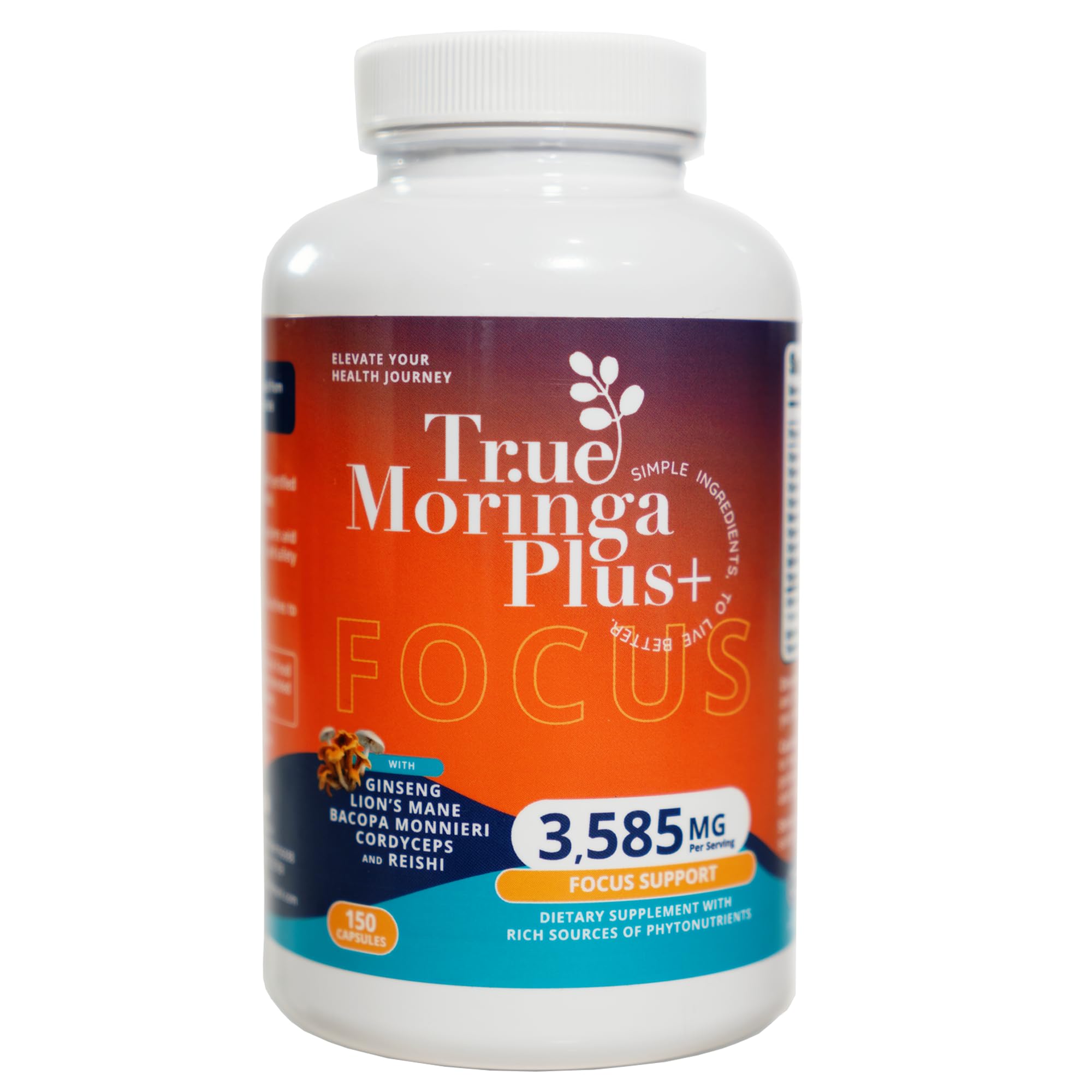 True Moringa Plus+ Focus Support Supplement 10:1 Extract | 20,000mg of Organic Moringa, Reishi, Cordyceps, Lion’s Mane, Ashwagandha, Bacopa Monnieri | Memory & Brain Health for Adults (150 Capsules)