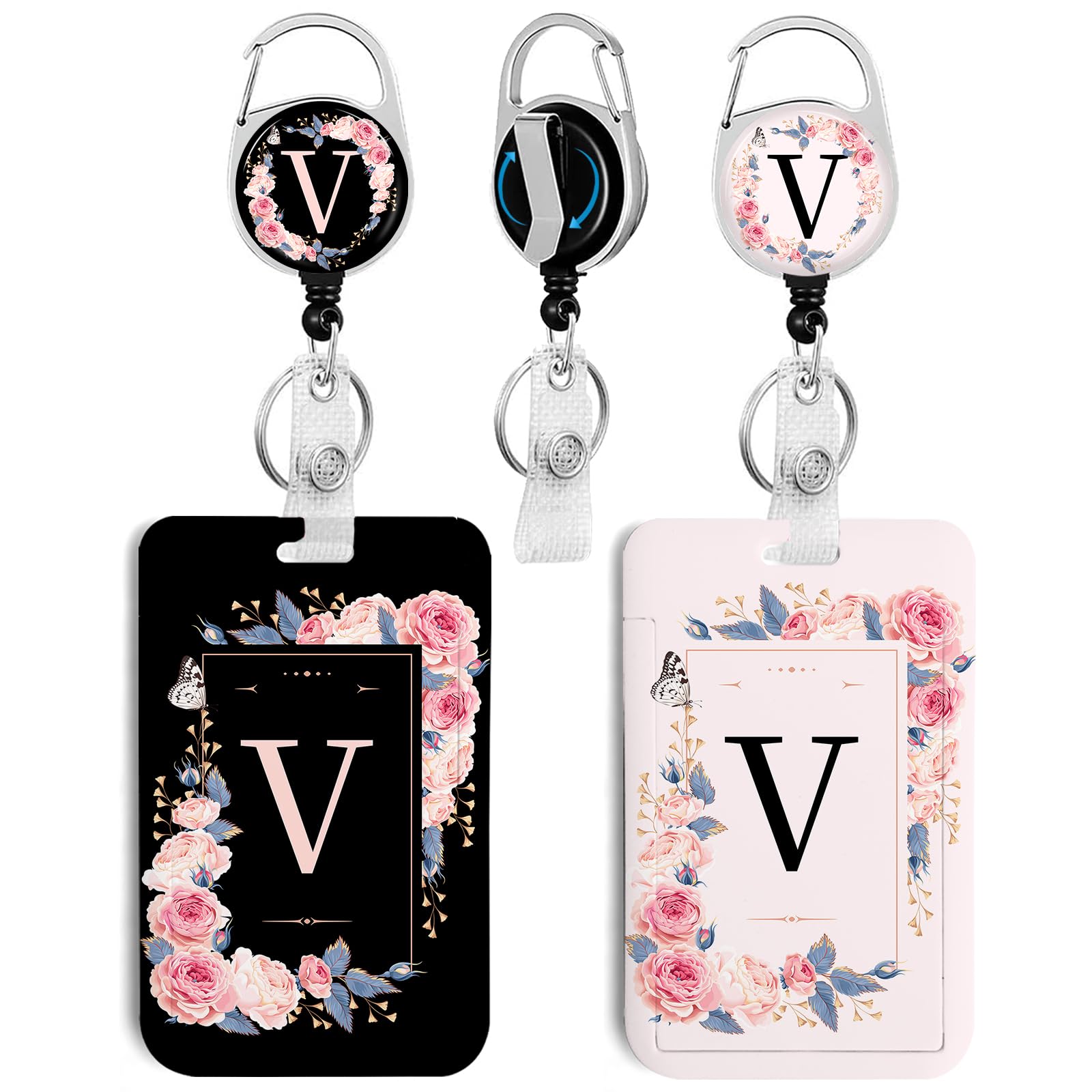 2 Pack A-Z Letter ID Badge Holder with Clip Badge Reels Retractable Heavy Duty,Keychain，ID Holder for School Nurse Office V