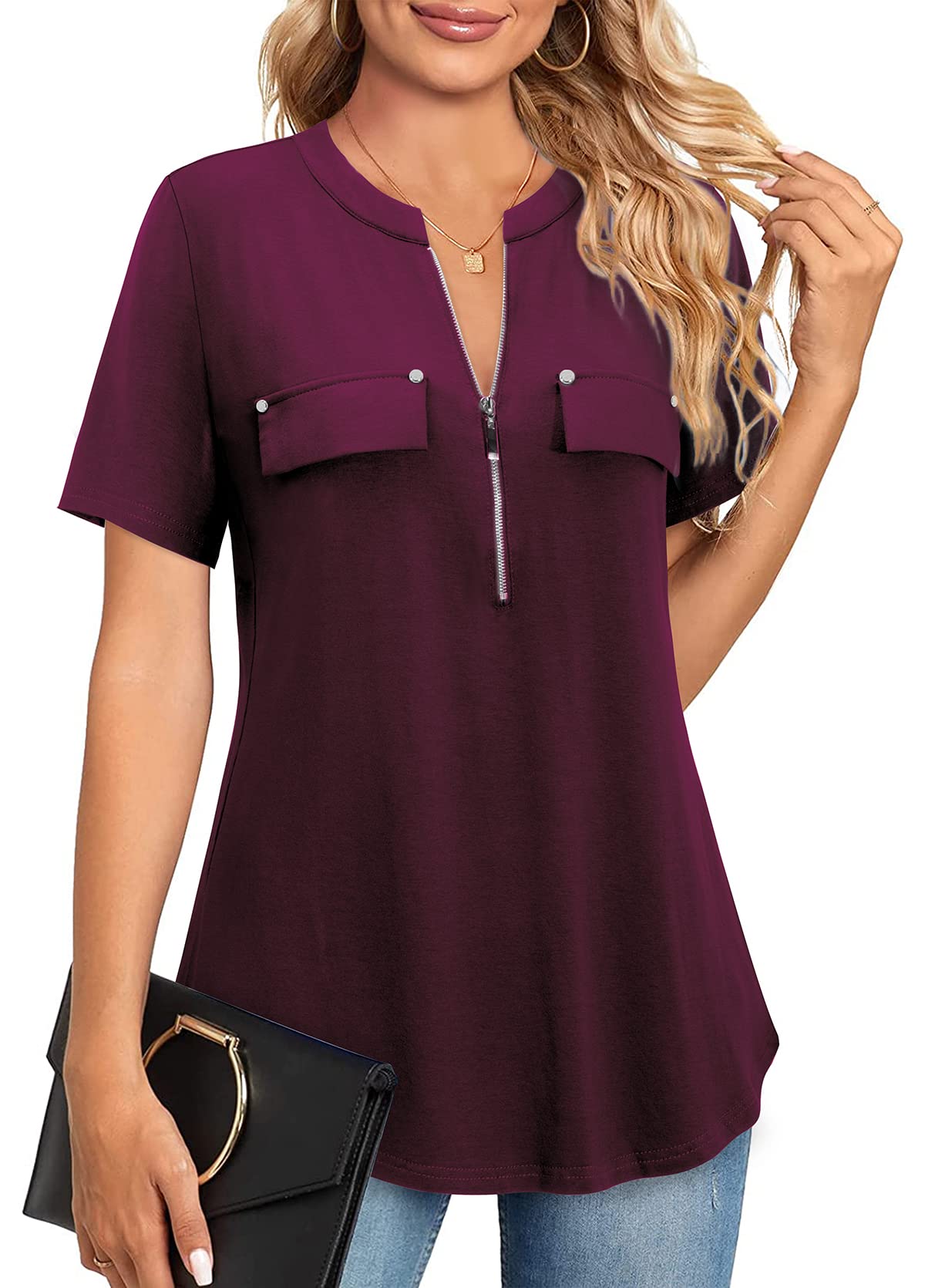 Amrto Damen V-Ausschnitt Shirts Kurzarm Casual T-Shirt Bluse mit Reißverschluss Sommer Tunika Tops Oberteil Locker Lässig