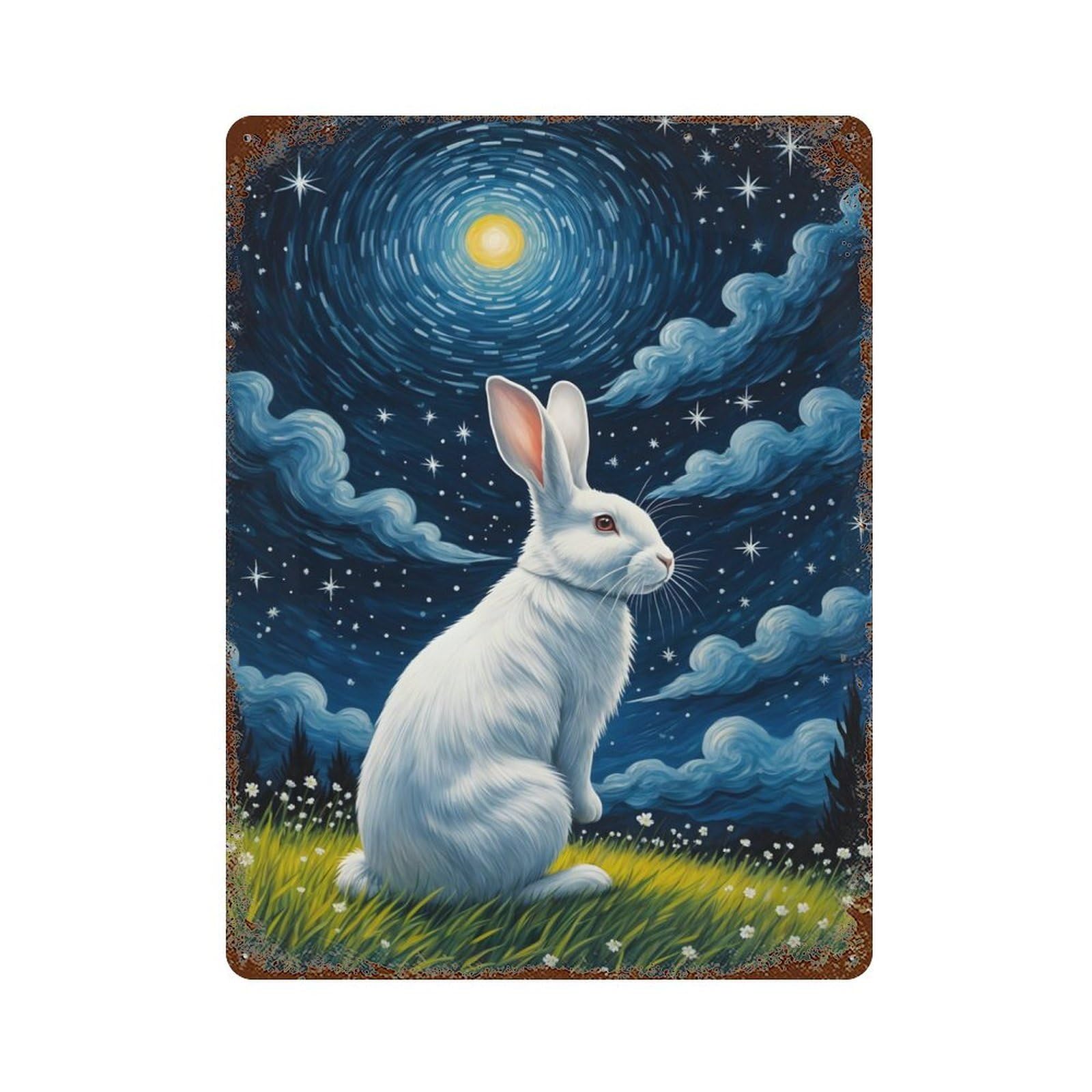 Distressed Metal Wall Sign White Rabbit Starry Sky 15.7"x11.8", Vintage Wall Decor for Garage, Bar And Workshop Decor