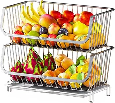 304 Stainless Steel Fruit And Vegetable Rack, Countertop Fruit And Vegetable Rack, 2 Tier Fruit Vegetable Basket For Kitchen, Metal Wire Storage Baskets, Perfect For Fruit, Vegetables, Snacks, Silver