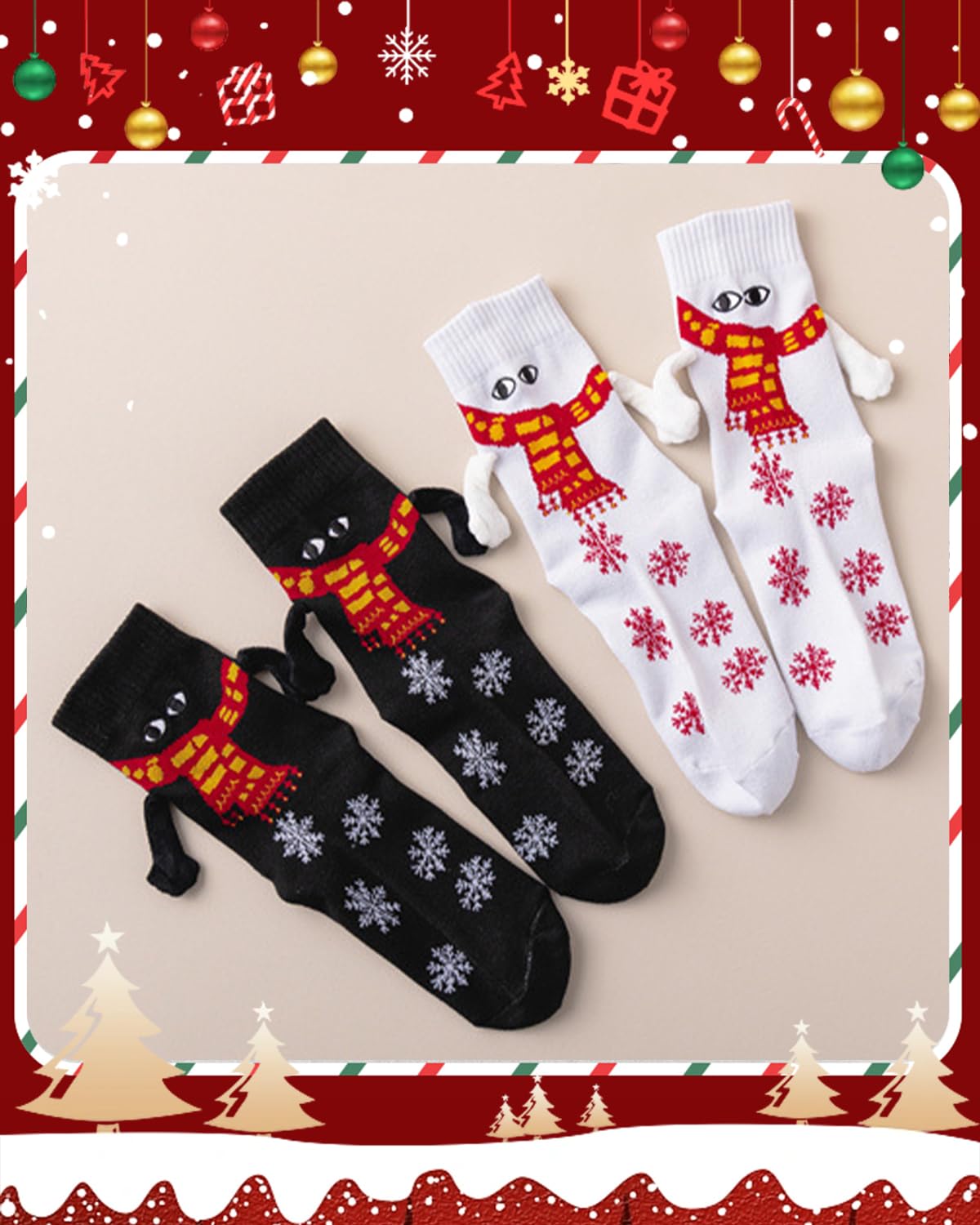 Yawlsow Lot de 4 paires de chaussettes de Noël amusantes avec ventouses magnétiques 3D pour couple, famille, amis, Rouge + vert + noir + blanc, taille unique