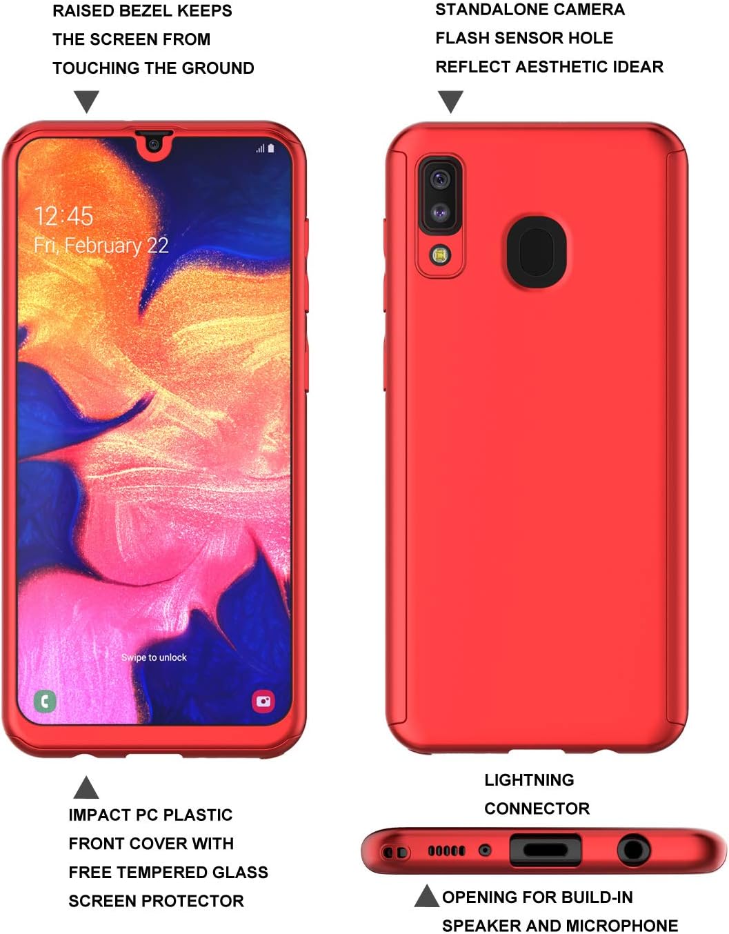 NJJEX Case for Samsung Galaxy A20 / A30, for Galaxy A20/A30 Case W/[Tempered Glass Screen Protector], [N360] 360°All-Around Ultra Thin Full Body Dual Layer Hard Slim Phone Cover [Red]