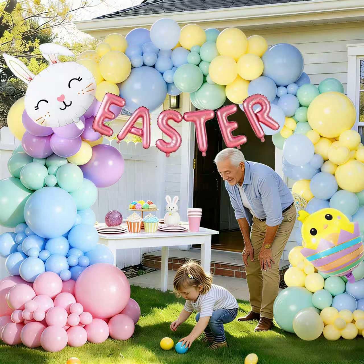 Easter Balloon Garland Arch Kit 134pcs Pastel Rainbow balloons with Foil Eater Egg & Bunny Balloons for Happy Spring Easter Birthday Baby Shower Wedding Gender Reveal Decor