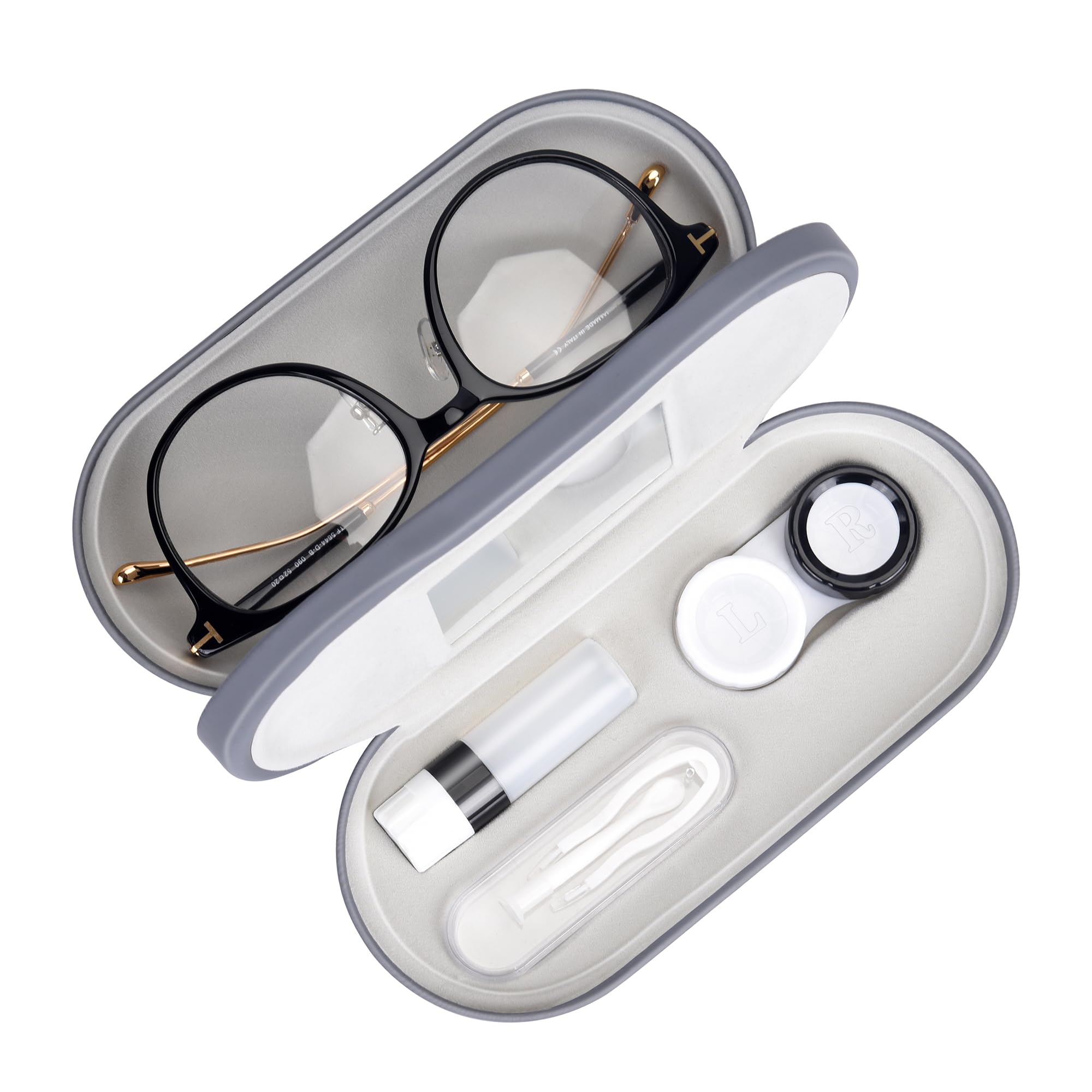 Muf 2 in 1 Contact Lens Case and Glasses Case, Double Sided Design with Mirror, Portable Travel Kit with Tweezer, Remover and Solution Bottle, Grey