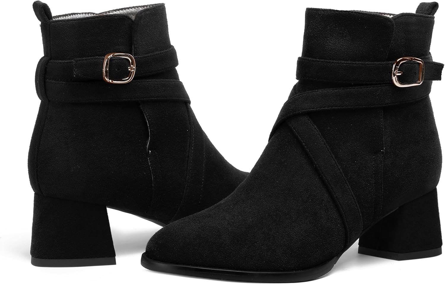 MODENCOCO Womens Round Toe Ankle Strap Buckle Bridal Dress Suede Stylish Chunky Low Heel Ankle High Boots 2 Inch