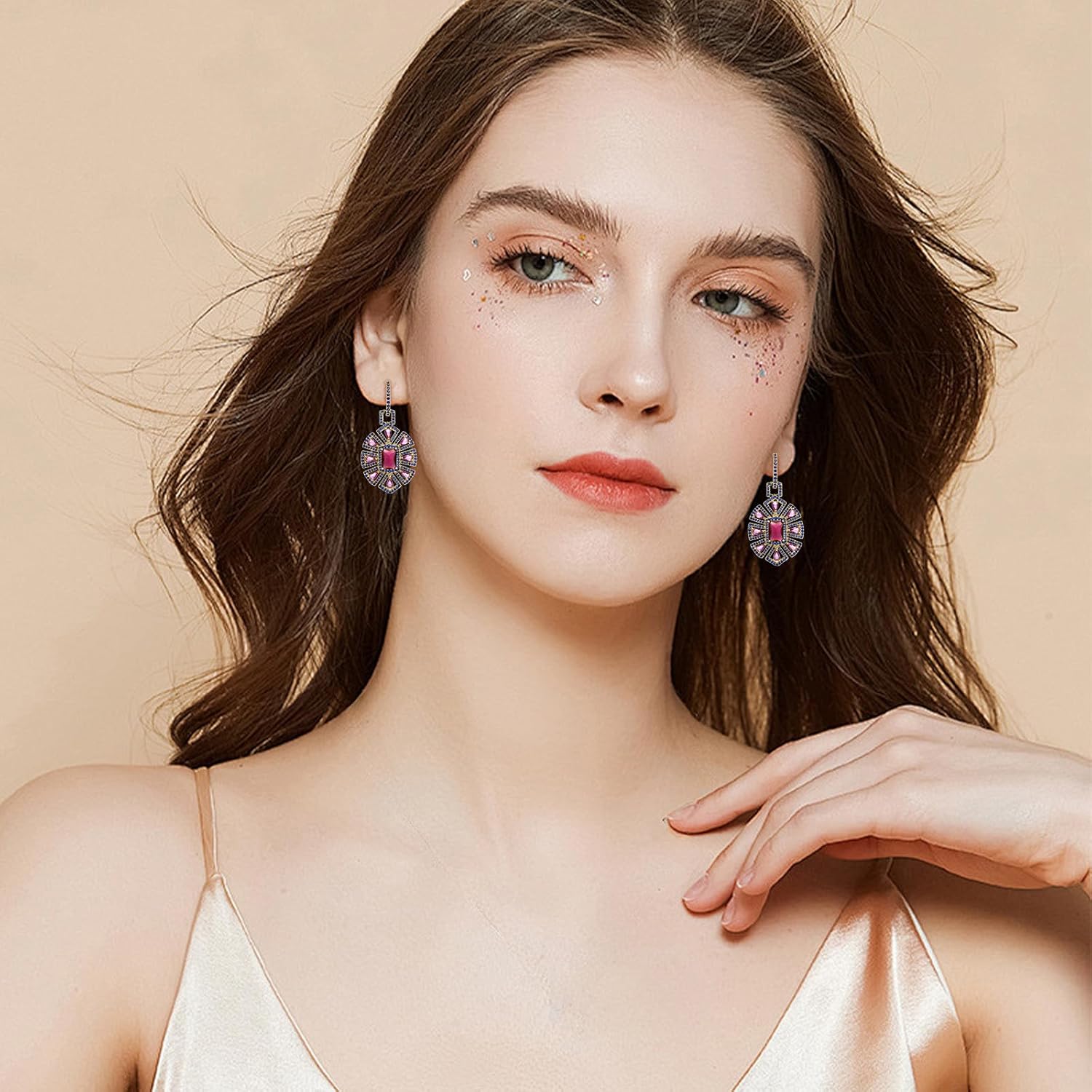 S925 Sterling Silver posts Colorful Geometric Crystal dangle drop Earrings for Women Cubic Zirconia Hypoallergenic Dangling Earrings Fashion Jewelry Gift for Prom Party Wedding - Image 2