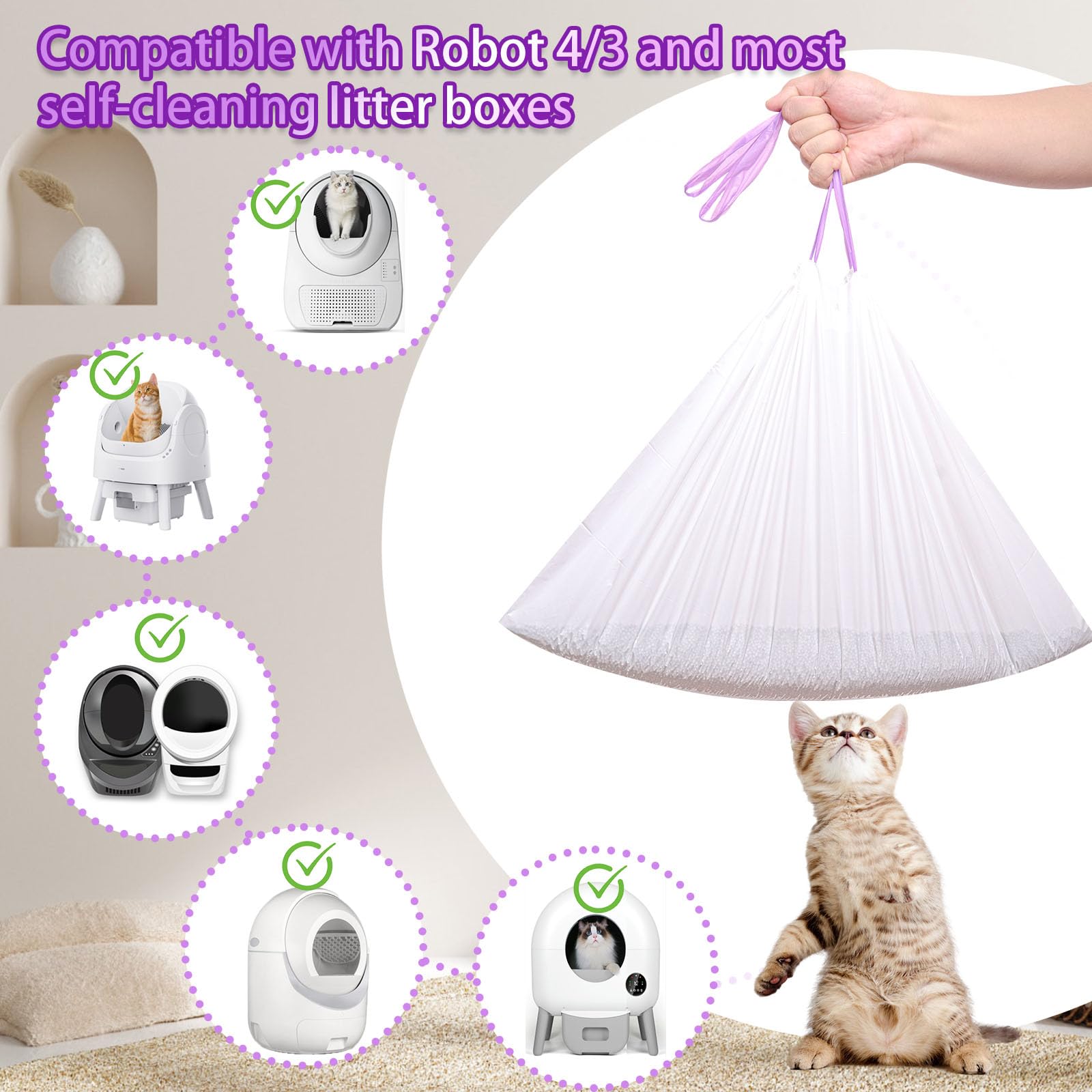 Elzrghs 100 Pack Drawstring Cat Litter Box Liners Compatible with Litter-Robot 3/4, Waste Bags Heavy Duty for Automatic Self Cleaning Litter Box