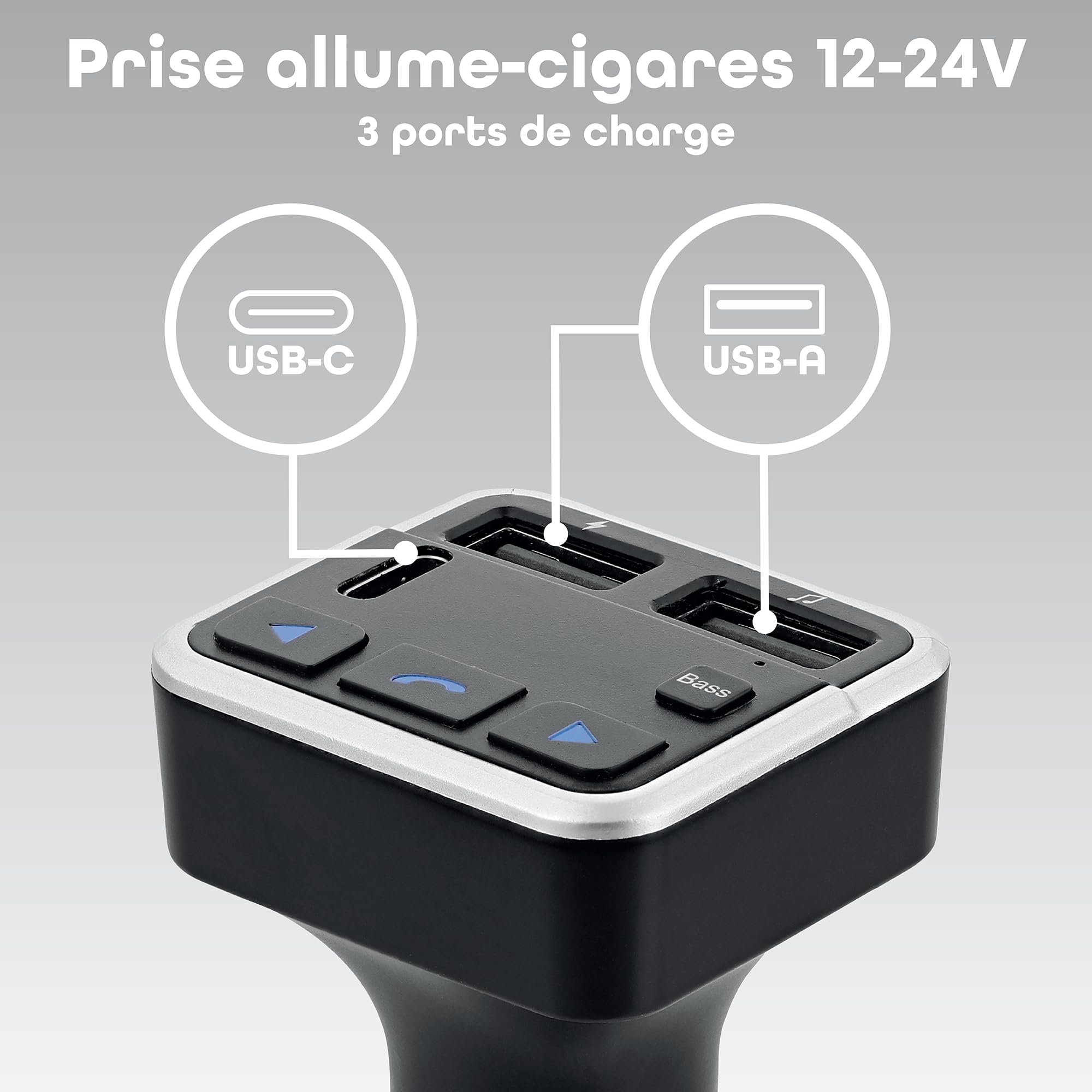 T'nB - Transmisor FM Bluetooth 3 en 1, kit de mano libre integrado, dos puertos USB-A Max y un puerto USB-C - Negro