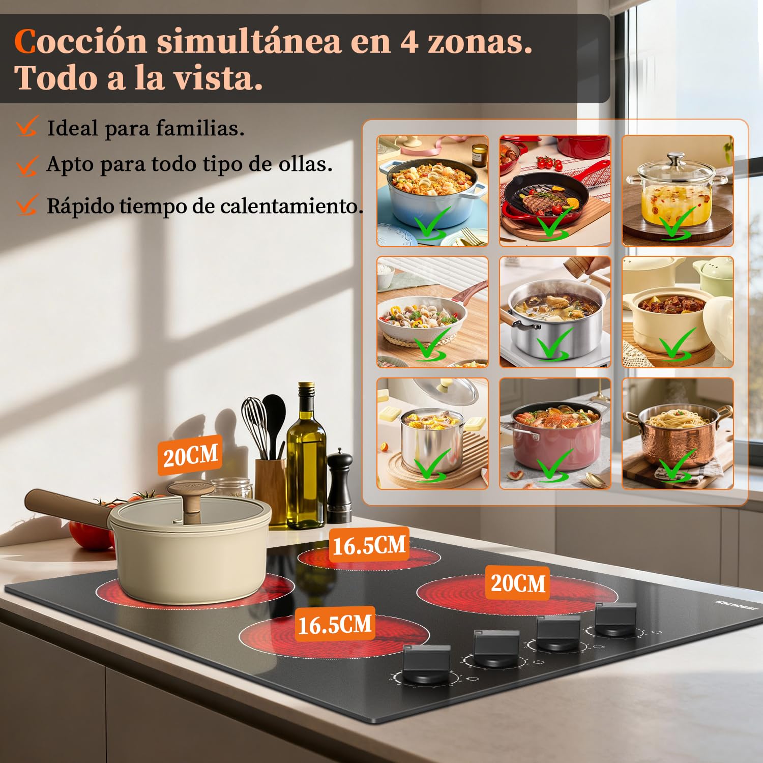 Karinear Placa Vitroceramica 4 Fuegos 60 CM con Mandos Manuales, 6000W | 9 Niveles de Potencia, 4 Placas con Niveles de Potencia, Compatibilidad Universal de Ollas, Apagado Automático, sin Enchufe