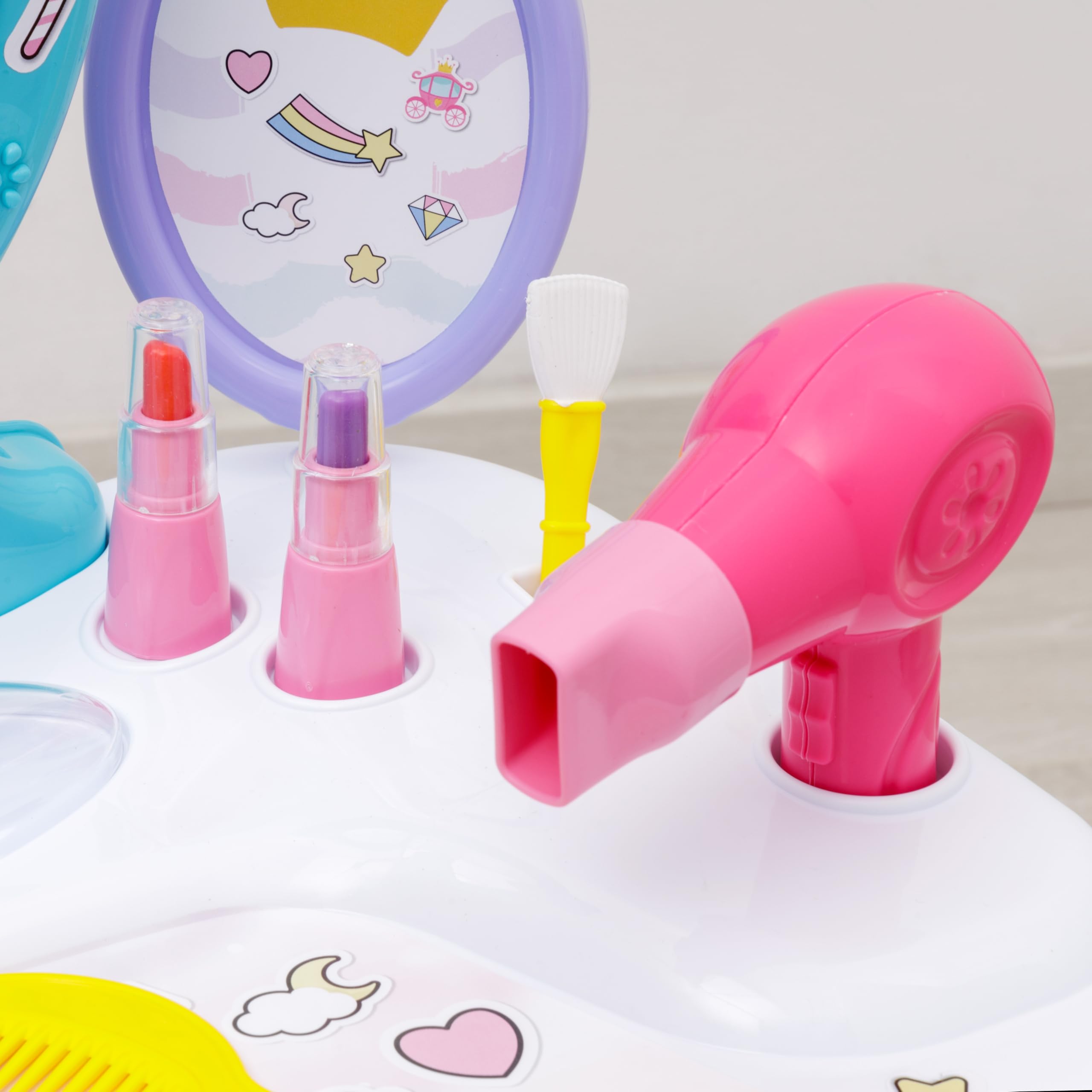 Baroni Toys Toeletta Trucco per Bambini con Specchio, Sgabello e 12 Accessori, Consolle Trucco Bambina, Specchiera per Bambine, Gioco di Simulazione per Bambini dai 36 Mesi, 48x32x71 cm, Unicorni