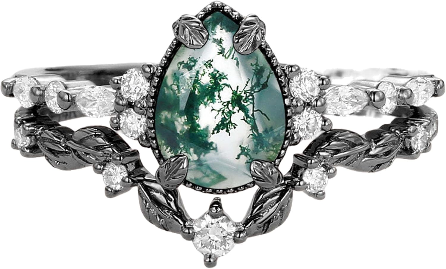Kite/Pear Cut Vintage Nature Moss Agate Engagement Ring Sets for Women Art Deco Green Agate Bridal Ring S925 Silver Black Plated Inspired Promise Wedding Band