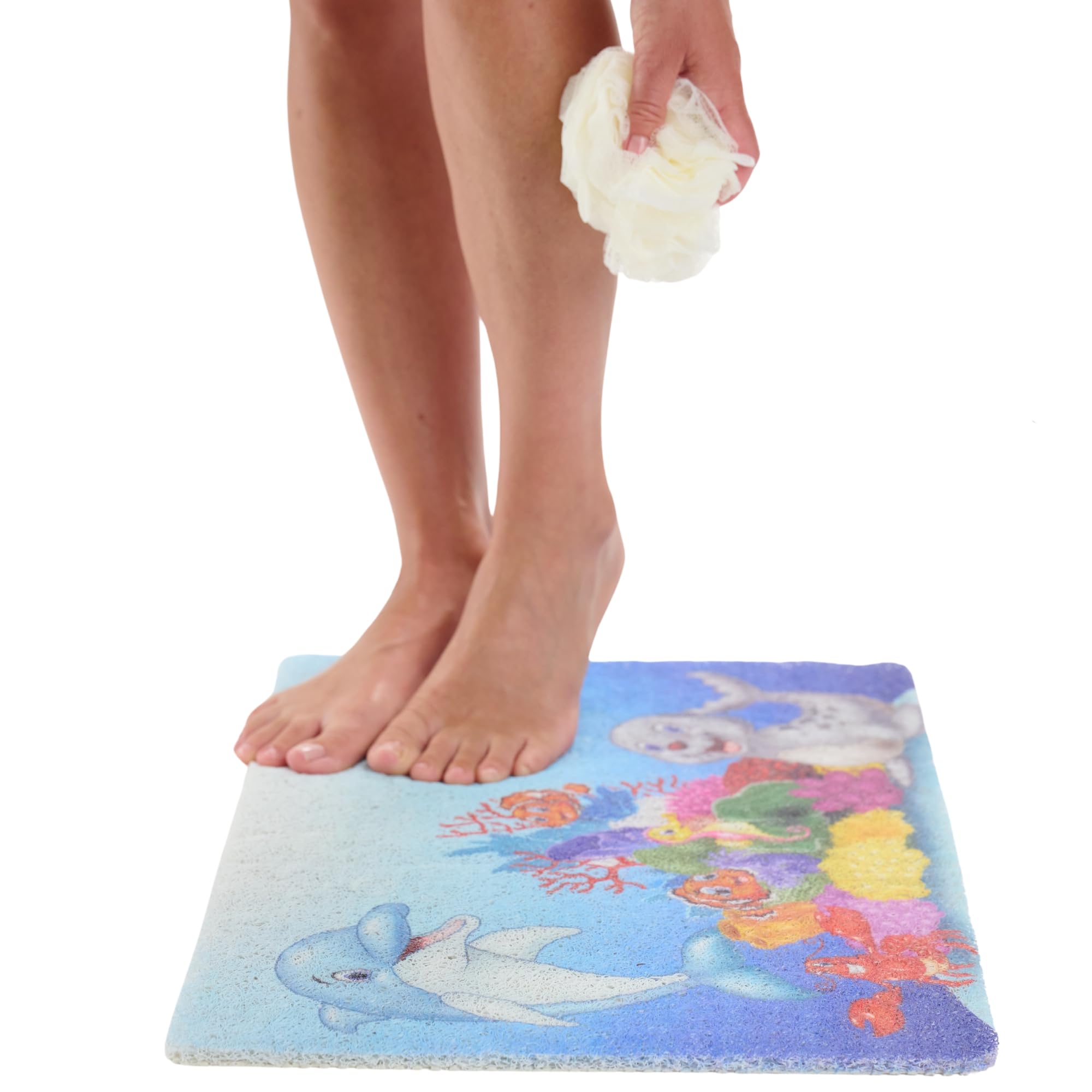ENKOSI Loofah Non-Slip Shower and Bath Mat - Soft Cushioned Comfort - No Suction Cups for Smooth or Textured Tubs - Fast Draining - Safety for Bathroom, Family, Kids, and Elderly (24x16 Dolphin)