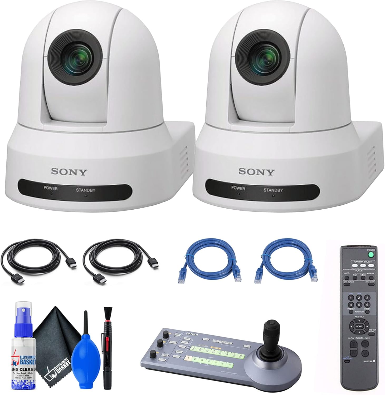 Sony 2 x SRG-X40UH 4K/HDMI/USB Optical 40x Zoom PTZ Camera with PoE+ (White) (SRG-X40UH/W) RM-IP10 IP Remote Controller + 2 x Cat5e Ethernet Cable + Cleaning Set – Bundle (Renewed)