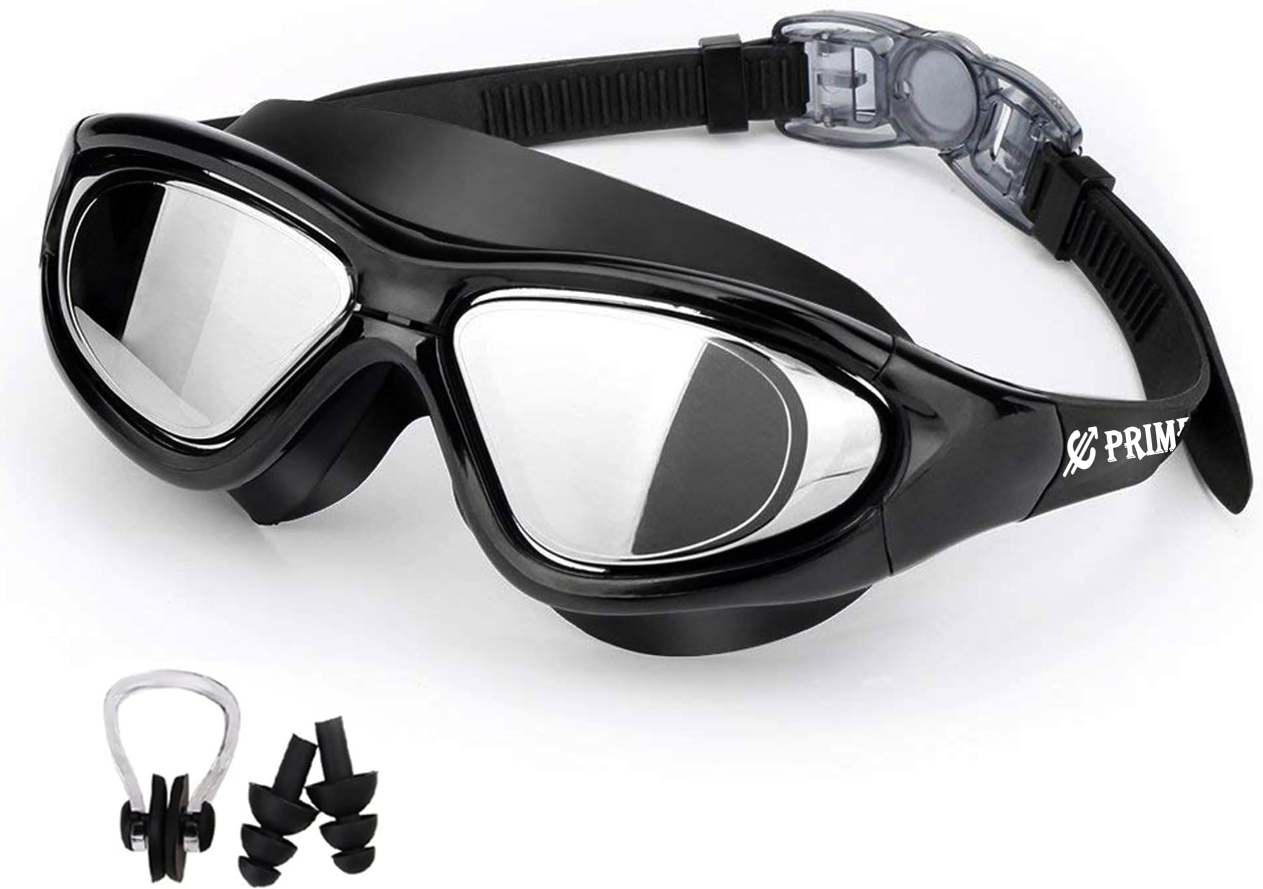 PRIME DEALS Premium Big Frame Competition Swim Goggles with Free Protective Case Pro Clear Lens & Wide-Vision Swimming Goggles with UV and Anti Fog Protection for Adult Men Women - Black.