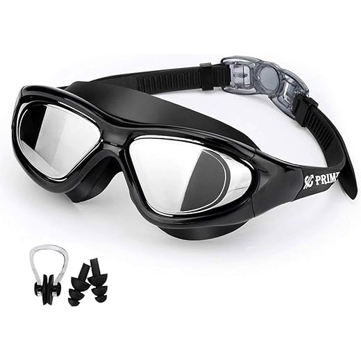 PRIME DEALS Premium Big Frame Competition Swim Goggles with Free Protective Case Pro Clear Lens & Wide-Vision Swimming Goggles with UV and Anti Fog Protection for Adult Men Women - Black.