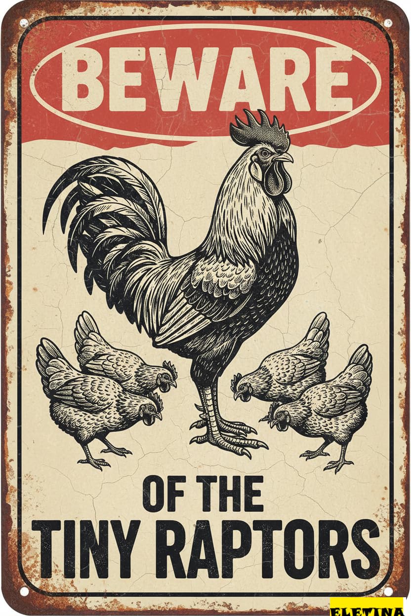 Vintage Metal Tin Sign for Funny Chicken Coop Decor,Chicken Wall Art,beware Of The Y Raptors Rustic Farm Warning Coop Barn Yard,Farmhouse Gift 8x12 Inch Private Property Decorative