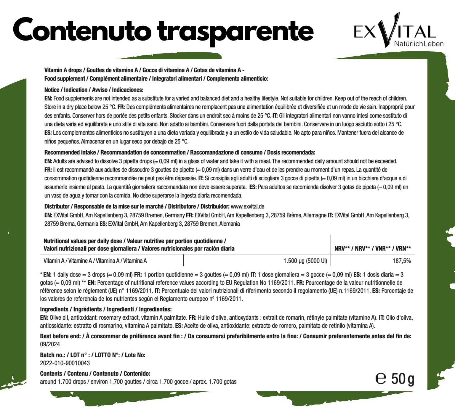 Vitamina A in gocce di EXVital – 5000 UI (1500 µg) per dose giornaliera, 50 ml = 1700 gocce, testata in laboratorio, retinolo ad alto dosaggio – vegana – vitamina A liquida