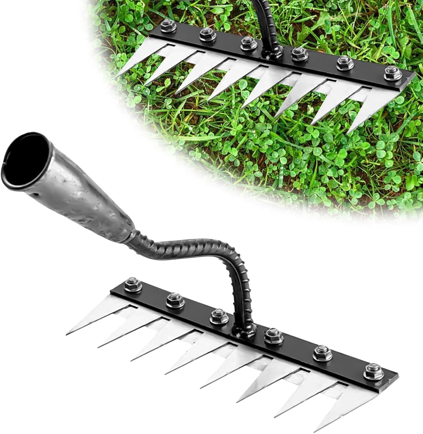 Rastrello per Erbacce Manuale, Sarchiatore con Punte Affilate in Acciaio, Estirpatore Erbacce per Orto e Giardino, Zappa Diserbante per Smuovere e Pulire il Terreno, 5/6/7/8 Denti