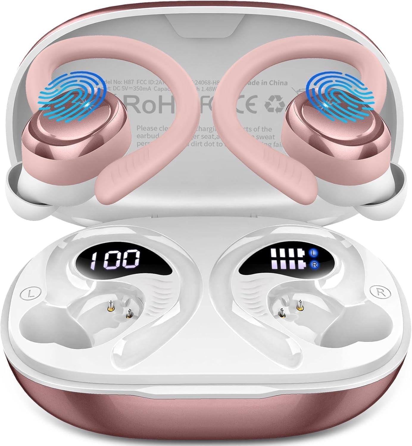 Auriculares Inalámbricos Bluetooth Deportivos, 60H Auriculares Bluetooth 5.4 con HiFi Estéreo, 4 ENC Mics, 2026 Cascos Inalambricos con Cancelación RuidoI/IP7/USB-C Auriculares para Correr Oro Rosa