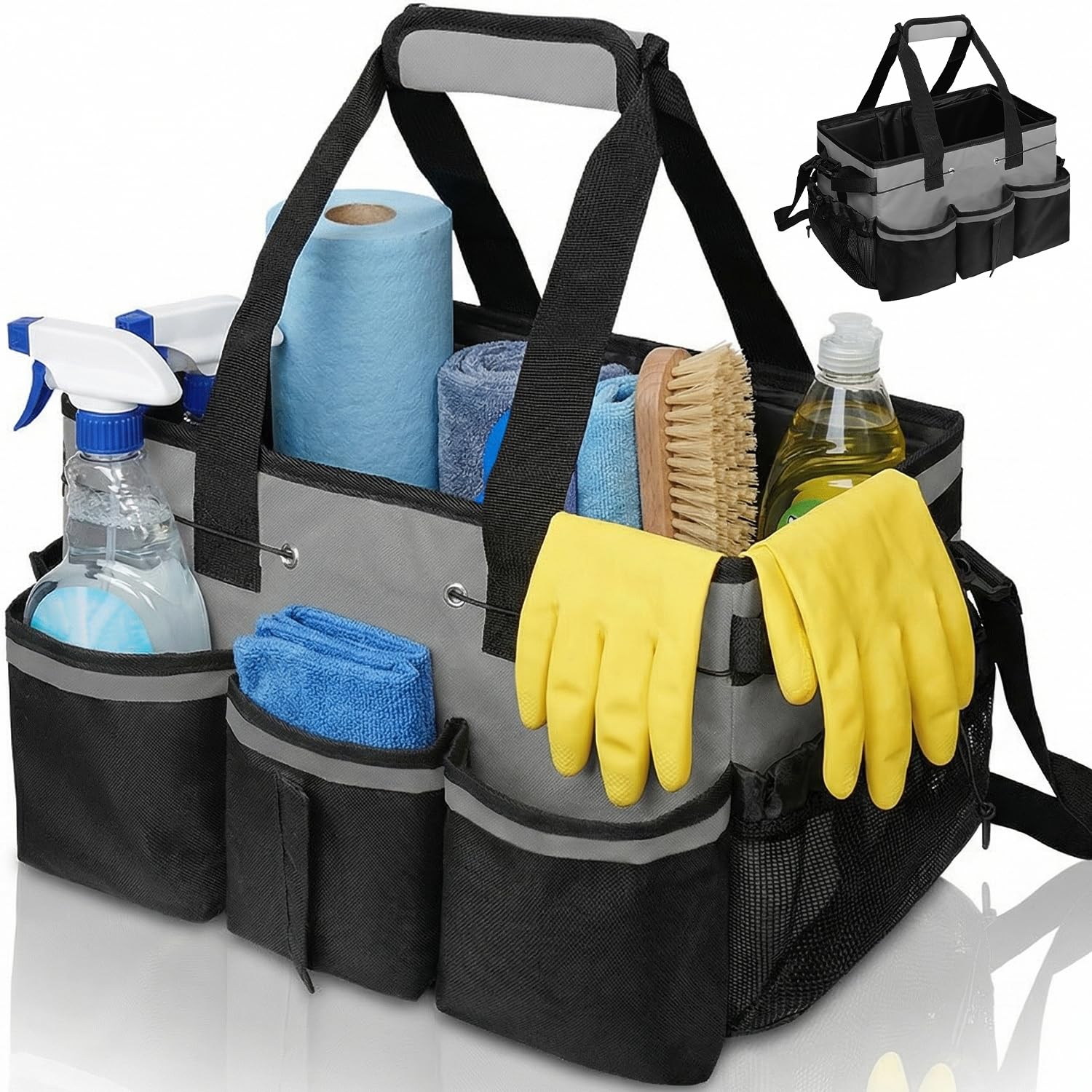 Cnwinu Cleaning Caddy with Handle,Large Multi-Compartment Cleaning Caddy Bag with Removable Dividers&Adjustable Shoulder Strap,Tote Bag Organiser for Cleaners Housekeepers,for Home,Car,Garden (Grey)