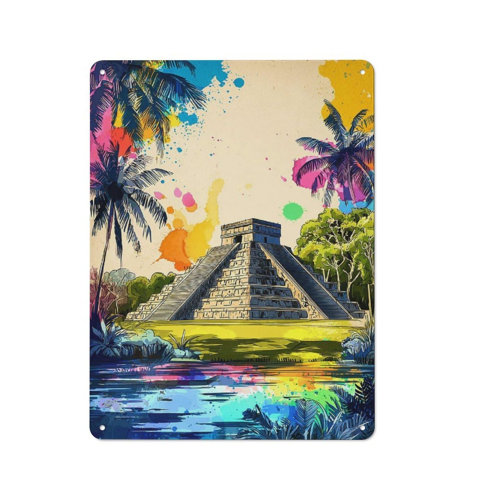 Junmoney Colorful Mayan Pyramid Scene-2 Retro Printed Metal Sign 40X30cm For Kitchen Or Home Bar, For Garage, Workshop And Man Cave Decoration