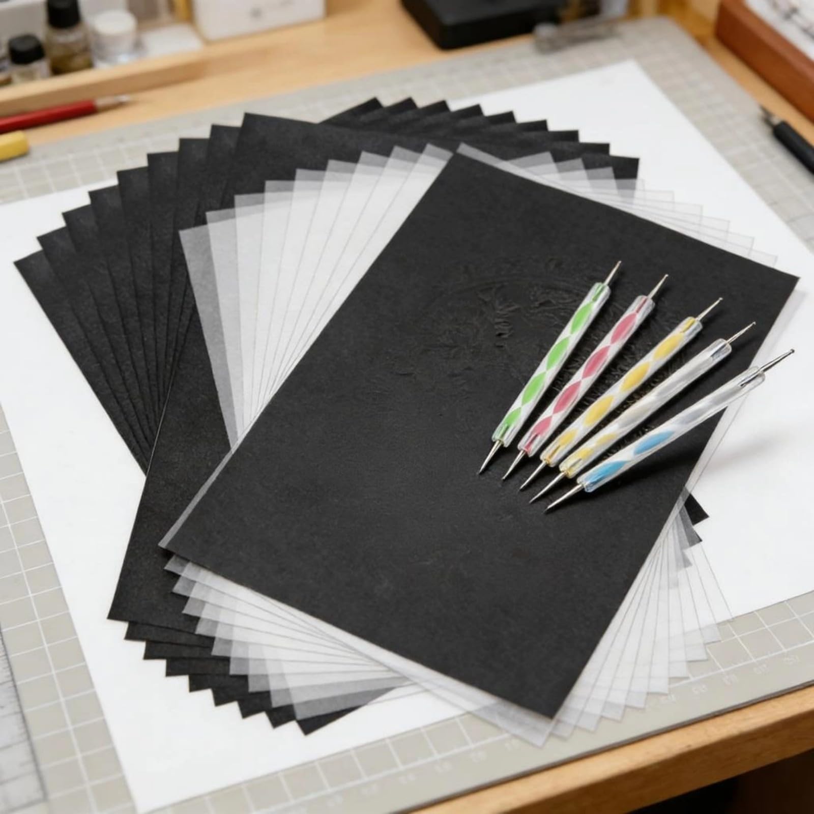 Ensemble de papier de et de traçage en carbone, 100 feuilles, comprend 5 stylos de gaufrage pour le travail du bois, papier de