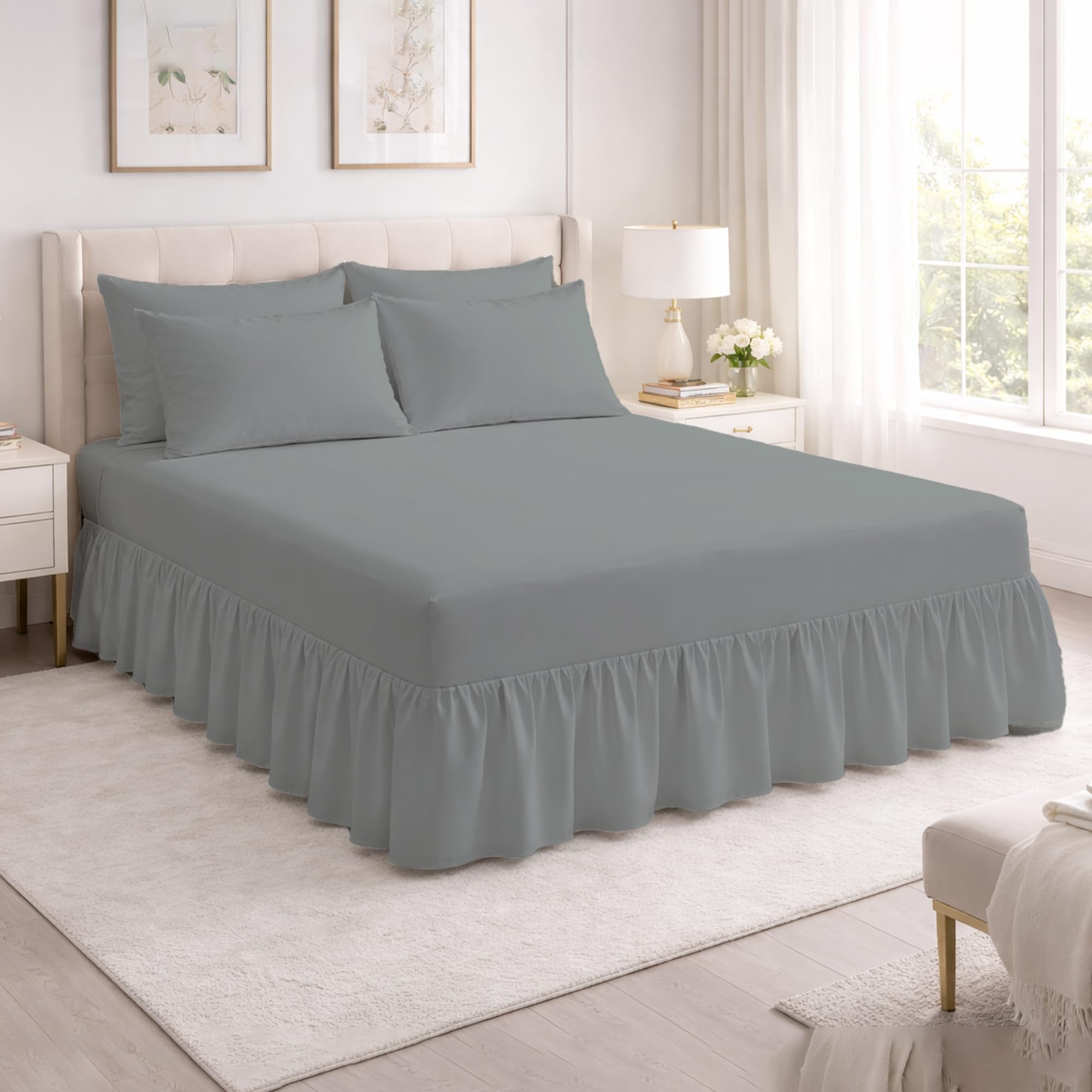 Reliancebedding Gray Double Valance Fitted Sheet 100% Egyptian Cotton 400Tc Luxury Frilled