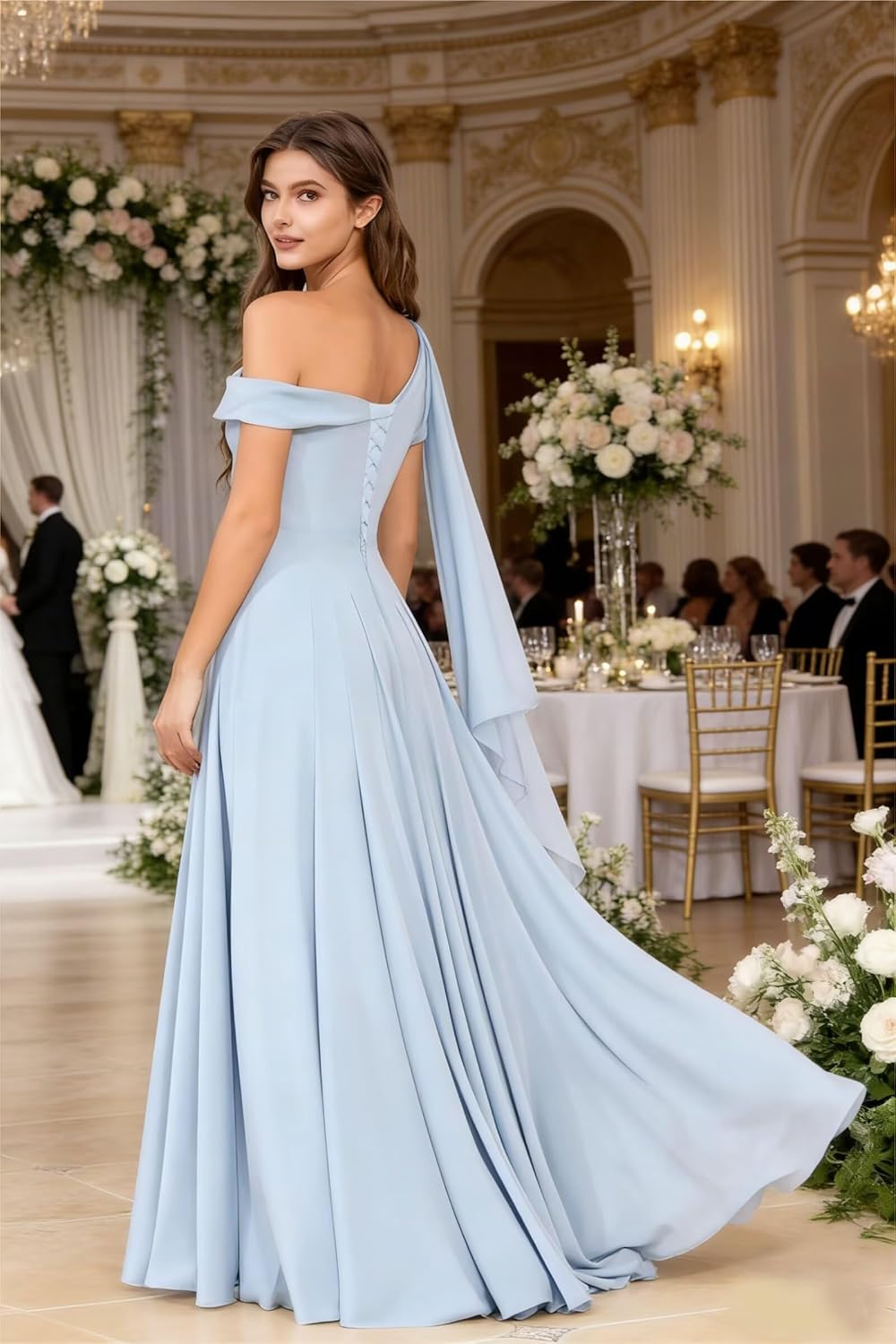 One Shoulder Pleated Black Bridesmaid Dresses for Women Long with Slit Sleeveless Chiffon Formal Dress with Pockets US Size 0 - Image 6