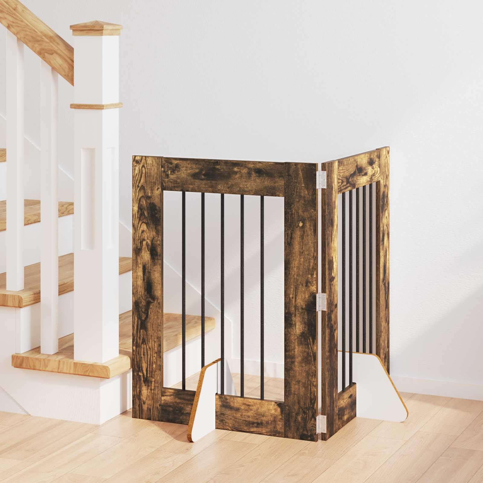Portería para perros con soporte, 2 piezas de roble ahumado, 60 x 80 cm, plegable, de metal, para el patio, para cachorros, seguridad y protección flexible en el salón