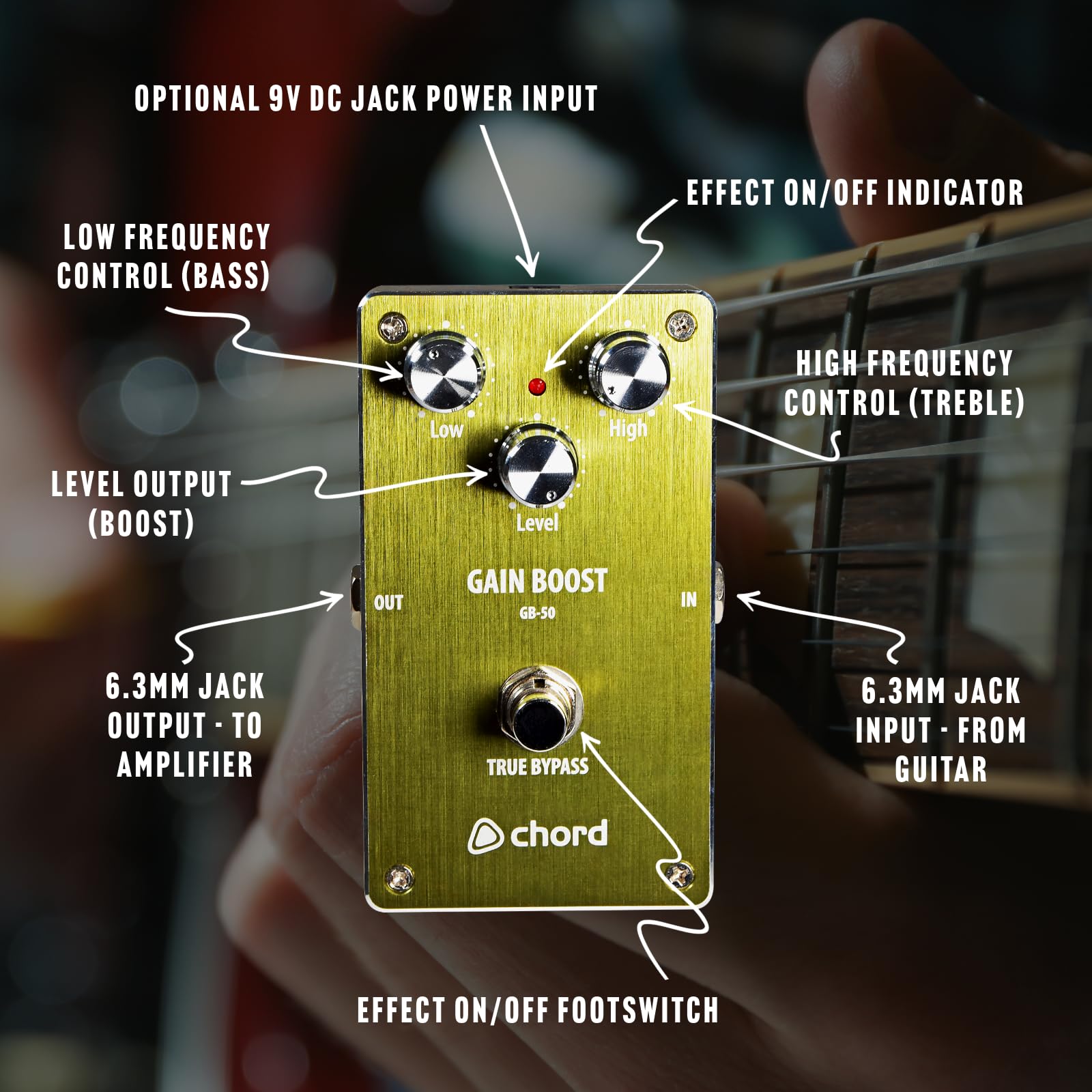 Chord Pedal de efectos de guitarra | GB-50 Gain Boost Pedal: eleva el tono de tu guitarra con ecualizador de 2 bandas para distorsión del amplificador y refuerzo solo, carcasa de aluminio fuerte