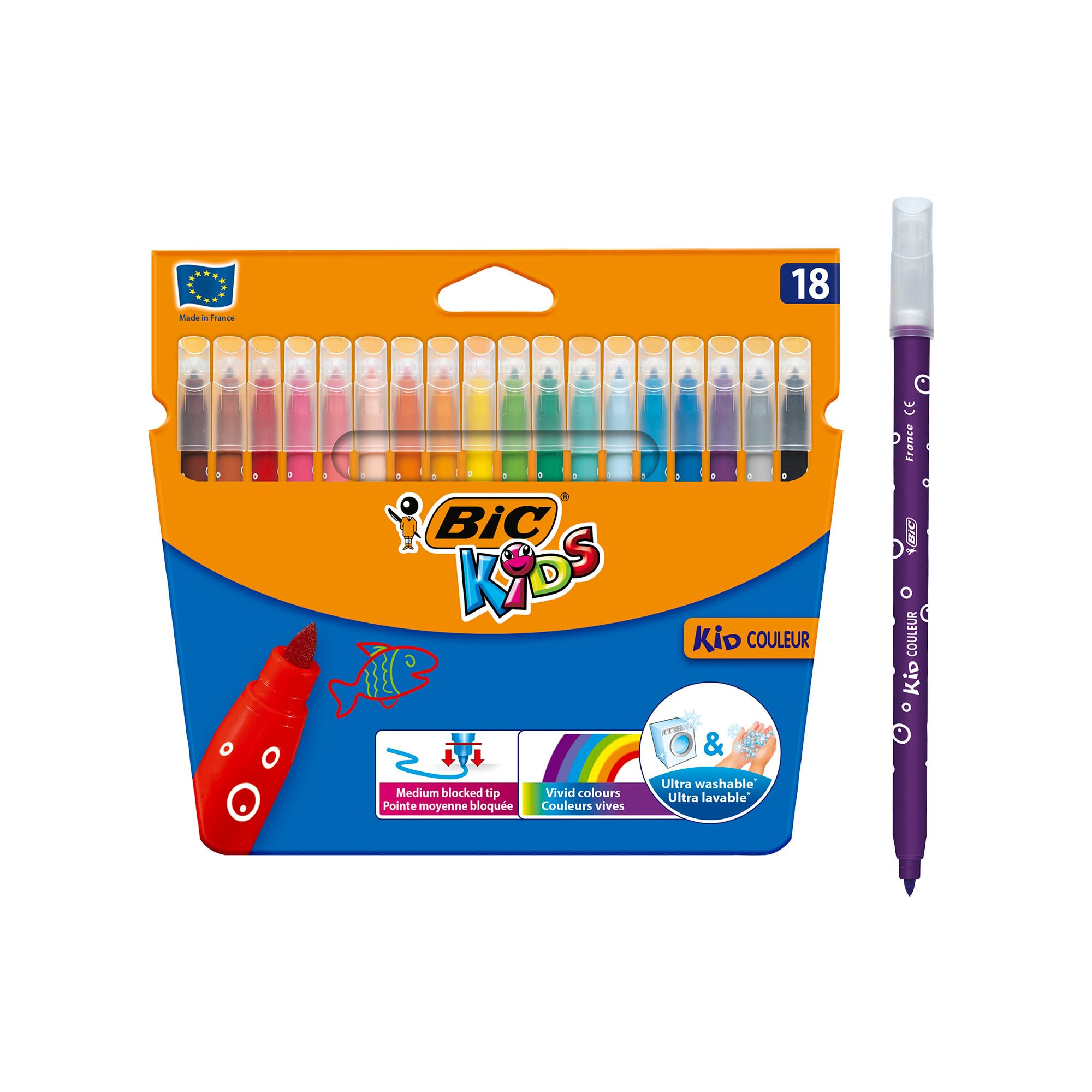 BICKids Kid Couleur Felt Tip Colouring Pens, Water-based pens, Assorted Colours (Pack of 18)