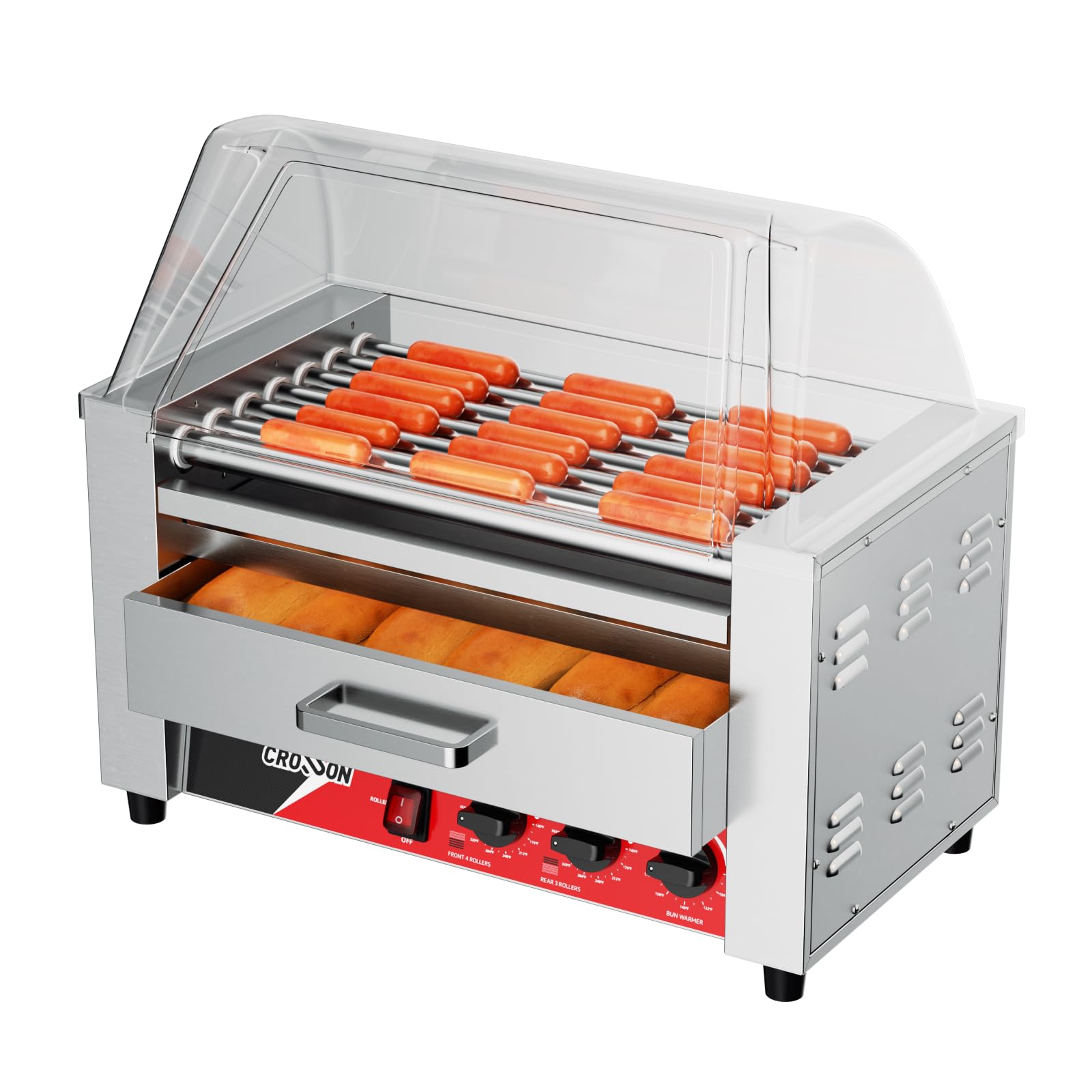 CROSSON 2 in 1 Profi Hot Dog Grill,7 Rollen Edelstahl Hot Dog Machine Elektrogrill 1350W mit Brötchenwärmer,Transparentem Deckel,Dual-Temp-Steuerung