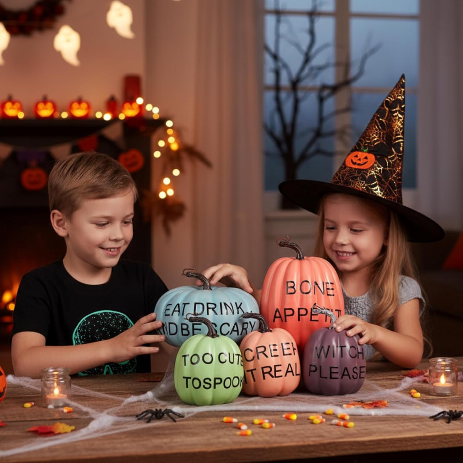 Weysat 5 Pcs Fall Decorations for Home, 4.7-7.5 Inch Large Pumpkin Centerpiece with Funny Phrases (eat Drink Be Scary!) for Halloween Thanksgiving Autumn Table Decor Indoor Outdoor Decorations