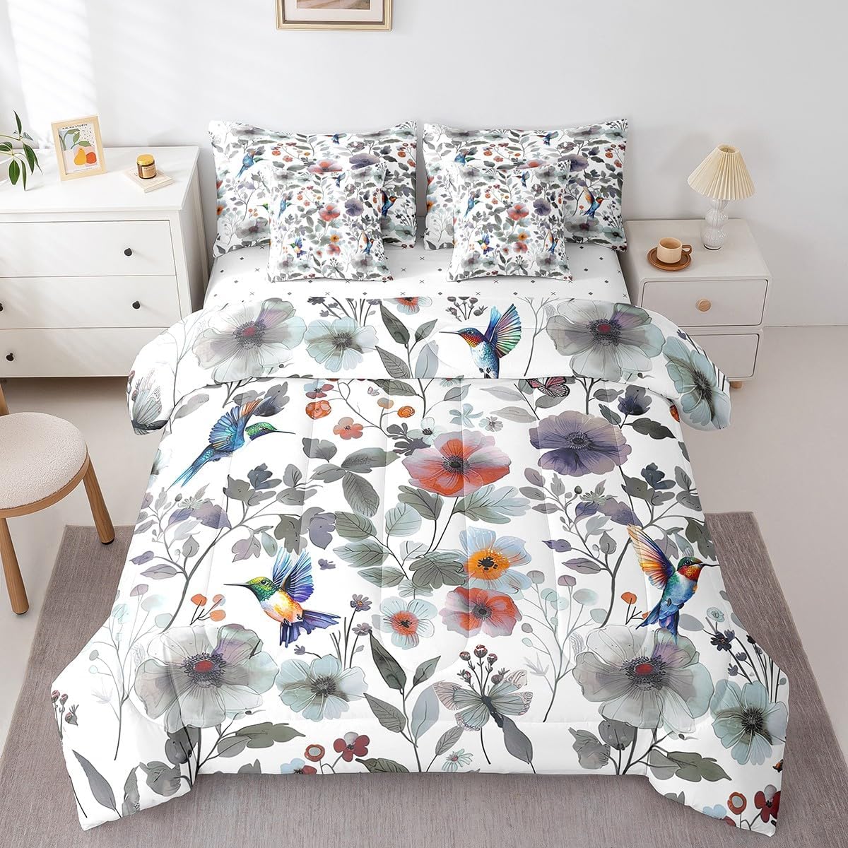 Erosebridal 7 Pieces Bed in a Bag Queen Bedding Set with Sheets,Flower Comforter Sets for All Season,1 Comforter, 2 Cushion Covers, 1 Flat Sheet, 1 Fitted Sheet, 2 Pillowcases