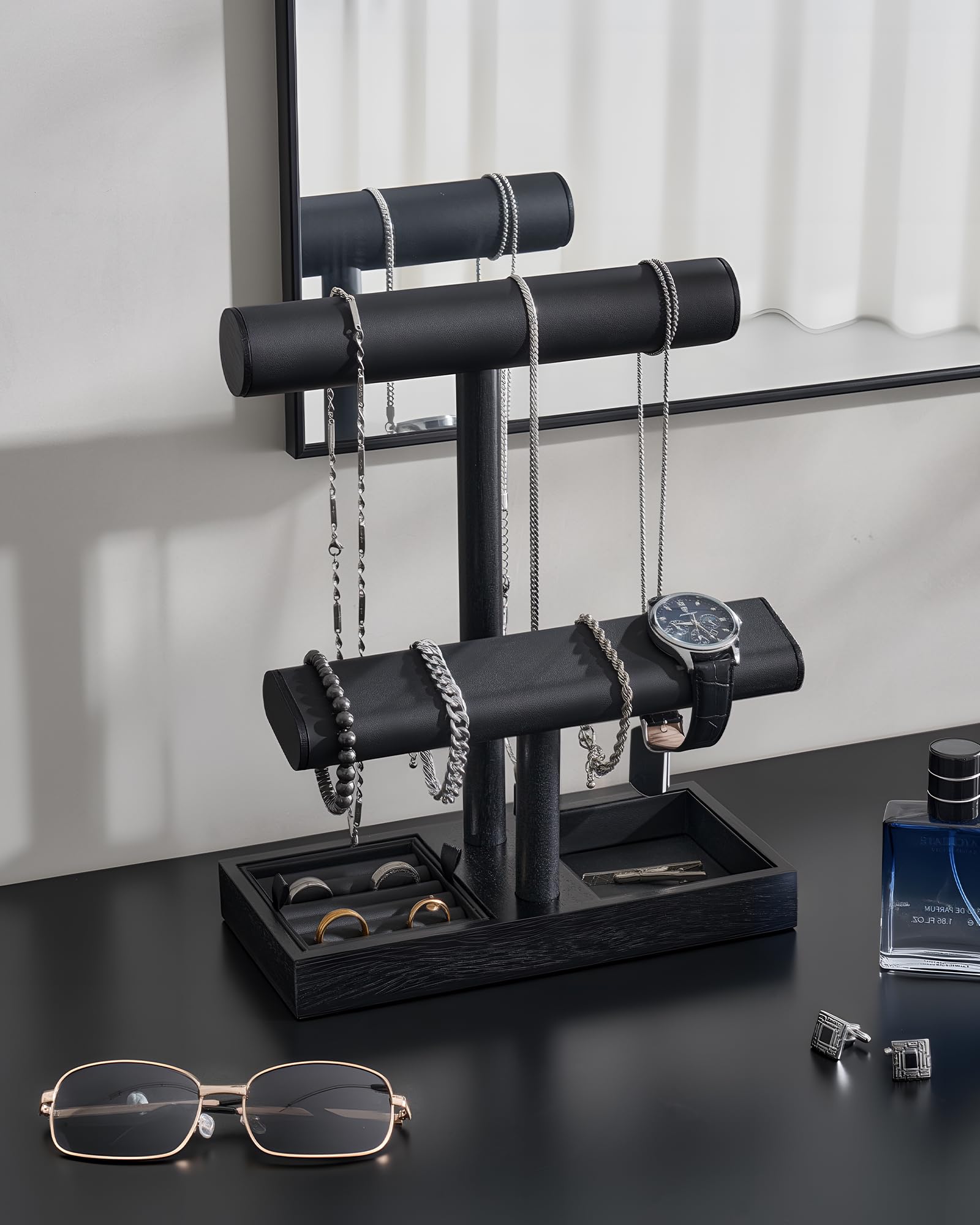 Soporte para Relojes para Hombre, Regalo para él, papá, Novio, Estante de exhibición de Joyas de Madera, Organizador para Collares, Pulseras y Anillos - Negro