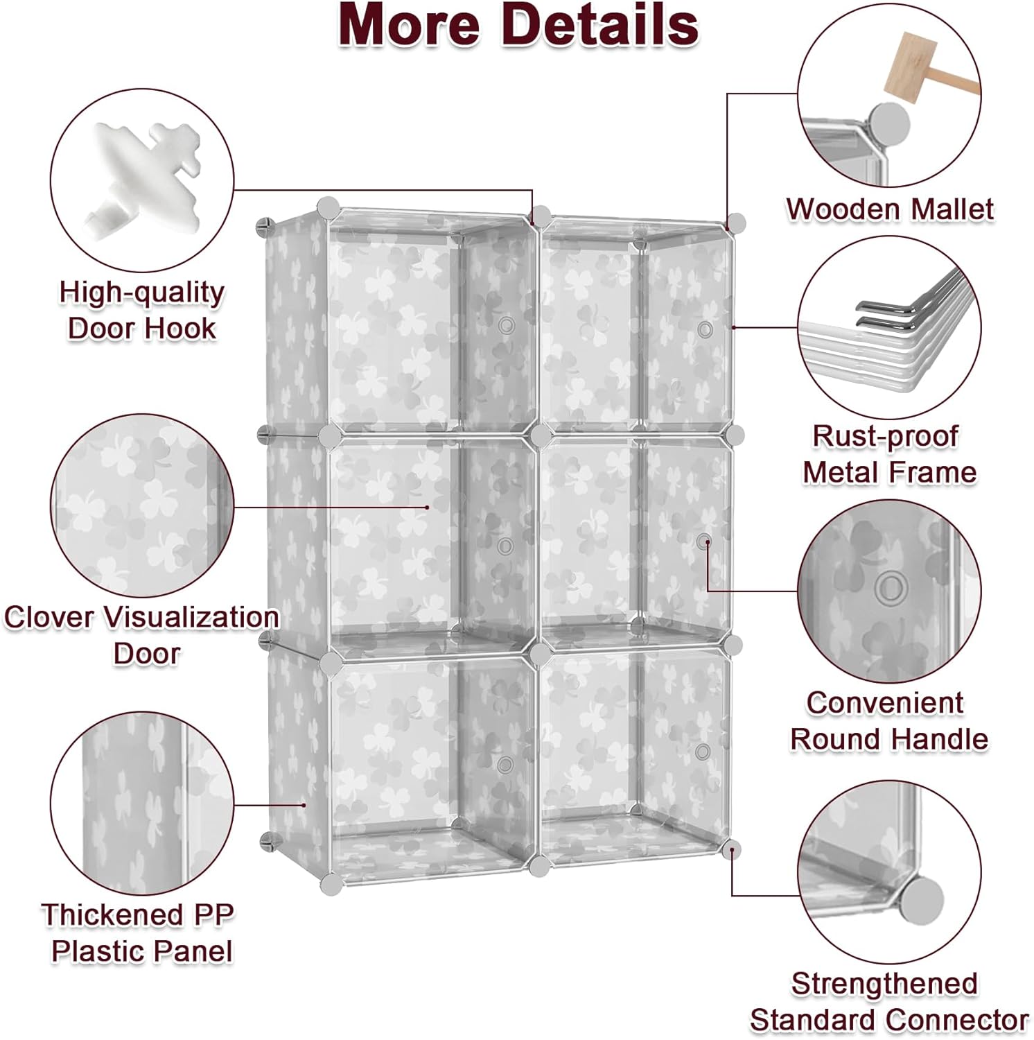 C&AHOME Cube Storage Organizer with Doors, 6-Cube Shelves, DIY Plastic Modular Bookshelf, Closet Clothes Storage Shelving Ideal for Bedroom, Living Room, Clover Embossed, Transparent